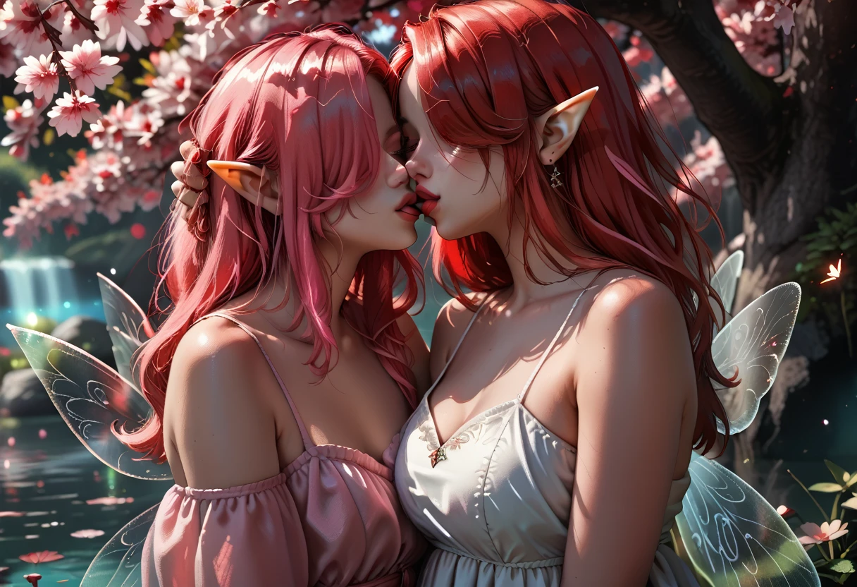 score_9, score_8_up, score_7_up, 2girls {Afemale_and_Bfemale}, Tag1: {Afemale: Adult, Mature, Curvy, Elf Woman: 1.3, (Long Red Hair over one eye: 1.6), wearing a (White Off Shoulder Sleeveless Gown: 1.3), Fairy Wings: 1.3, Bare Arms: 1.3, curvy: 1.3} and Tag2: {Bfemale: Adult, Curvy, Mature, Elf Woman: 1.3, (Long Pink hair over one eye: 1.3), wearing a (Pink Off Shoulder Sleeveless Gown: 1.3), Fairy Wings: 1.3, Bare Arms: 1.3, curvy: 1.3}, Flying in sky over lake surrounded by stars and aurora and cherry blossom trees, holding close, Standing, Pressing Close, (hand in hair: 1.3), (About to Kiss: 1.6), (Breath Visible: 1.3), eyes closed,: 1.3, Small Breasts: 1.3, (Close-up: 1.2), extremely detailed, ray tracing, RTX, high saturation, high contrast, photon mapping, (sharp image), (best quality), (detailed background), (intricate details), (LowKeyLights_v2: 1.0)
