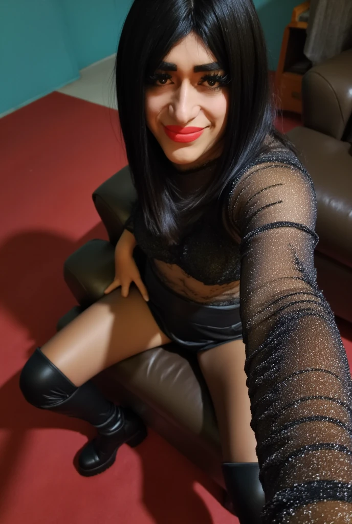Araffe woman in fish net socks and sunglasses sitting on a sofa, full-length and transparent white socks, wearing fish nets, full scene shot, African lover domme, lover, teasing, white socks, sitting on the couch, leg shot, lascivious pose, leg and thigh shot, dominant pose, white skirt and bare chest, VHS screen cap, fish net socks