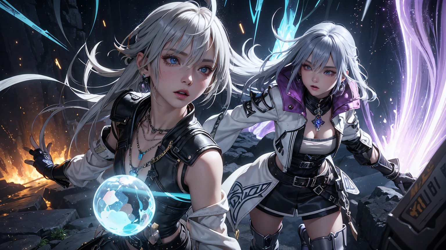 A girl in an urban fantasy anime-style portrait with a vibrant pop aesthetic, solo, 1girl. Violet eyes with a mesmerizing glow, long silver hair with blue highlights, a delicate and charming face, full lips, white skin with detailed texture, and a natural glow. Outfit consisting of a bomber jacket with glowing blue accents, intricate gold patterns, and ancient runes, paired with a rainbow-patterned bodysuit and metallic silver thigh-high boots. Fingerless gloves, metallic nails, gemstone patterns, a belt adorned with a mystical potion and an amulet, a glowing rune necklace, a crystal pendant, silver earrings, and a matching silver necklace. A perfectly proportioned female figure with a slim waist and delicate yet strong hands. A vibrant urban environment featuring bold graffiti art with sharp lines and intense colors, set on a sunny day with dynamic lighting that enhances the scene’s depth. Artistic style in ultra-high definition, extreme UHD 4K quality, precise details, textured skin, and concept art inspired by oil brushstrokes. A blend of realism and fantasy with a focus on vivid colors, striking patterns, and a confident, rebellious attitude, encapsulating the spirit of a unique pop aesthetic. The scene blends dark fantasy with an ethereal, Genshin Impact-inspired style, rendered in ultra-high 4K and 8K resolution with extreme detail and fine art quality. This captivating environment celebrates the beauty 