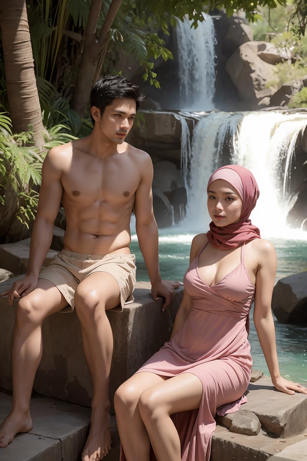 (masutepiece), (Best Quality), Realistic, Photorealism, romantic couple, malay men 30 years old with peci wear elegant, naked,  young malay girl in hijab, naked, 20 - 23 years old. malay men with beautiful girl with beautiful perfect body, huge breast, together very romantic sitting in stone very next to romantic. location: beautiful tropical waterfall, professional photography, bright lighting, 28mm lens, Establishing shot, deep focus cinematography effect, Natural Lighting, pastel color grading, high quality, ultra detail, 8k resolution,