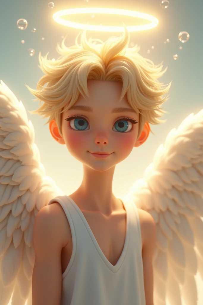 Image of C&#39;s son.a. Cupid e da Blondie Lockes de Ever after High: LnF , a child with blonde hair with pink, blue colored eyes, Caucasian skin, blue outfit with pink ancient greek gods style and bear and hearts elements on the outfit 