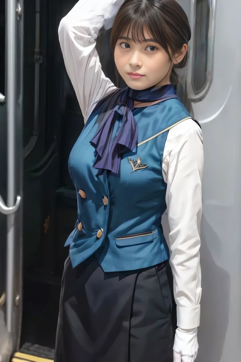 (masterpiece:1.2,  best quality:1.2), 32kHDR,  kampala, (Alone、  1 girl)、（What is 、 Professional Lighting）、In-flight background、（Nankai Train crew uniformを着たリアルなスタイル）、（（  Nankai Train Crew Uniform Collarless Blouse Long Sleeve 、Black Curly Culotte Skirt 、Scarf around the neck））、 Dark brown hair 、（ Long Hair、Hair tied up、Hair tied up）、 Dark brown hair 、 Long Hit 、Big Breasts、Thin legs、（（Great hands：2.0）），（（  Harmonious Body Proportions ：1.5）），（（Normal limbs：2.0）），（（Usually refers to：2.0）），（（ DELICATE EYES FULL OF DECISION：2.0）），（（Normal eyes：2.0））)、smile、（Nankai Train crew uniformを着た美しい姿）、Hands clasped underneath