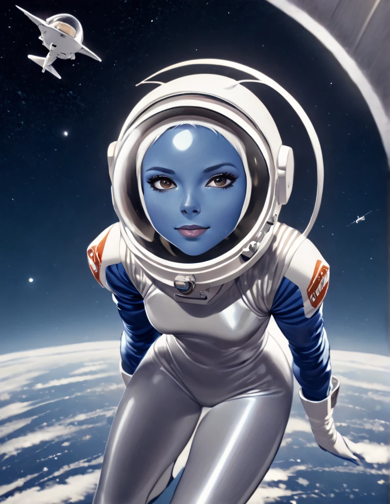 Tanned Woman with silver hair. She is wearing a blue skin-tight space suit with a retro clear dome Astronaut helmet. . She is floating in space 