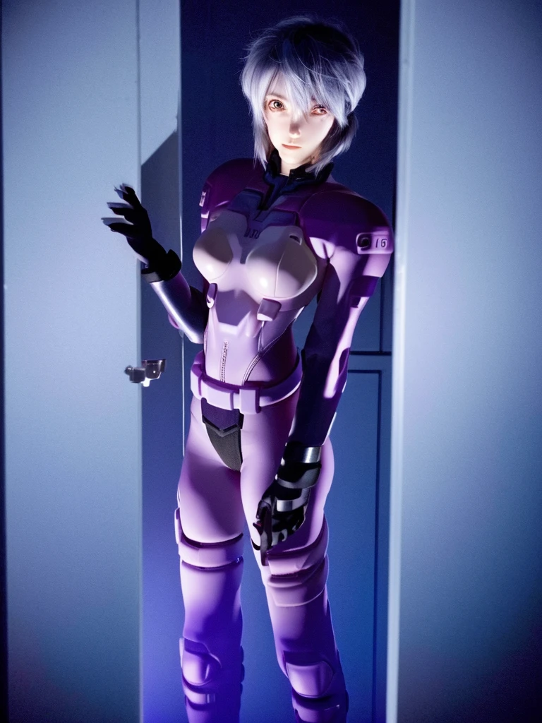  Best Quality ,  ultra high resolution , (realism: 1.4), Depth of Field,  beautiful face , (pureerosface_v1: 0.8), 『「Bikini  」」suit| | 1girl, medium bust, (white hair: 1.3),  Evil Smile in the Mirror , natural makeup, | | |  Model pose , | | (Space suit: 1.3), ([Blue Armor : 1.3),  Beautiful design , | |   space background , Star_(Sky), moonlight, night, | | 1 Girl , raw ，Back, 3/5photo realistic shoot， Shine Effect ,  complementary colors, optical illusion, Jitter, color block painting, Ghost in the Shell Motoko Kusanagi,purple  short hairwith bang ,Purple Eye, Your Own ， Firm abs, weell train SWAT,ELITE force, android police officer