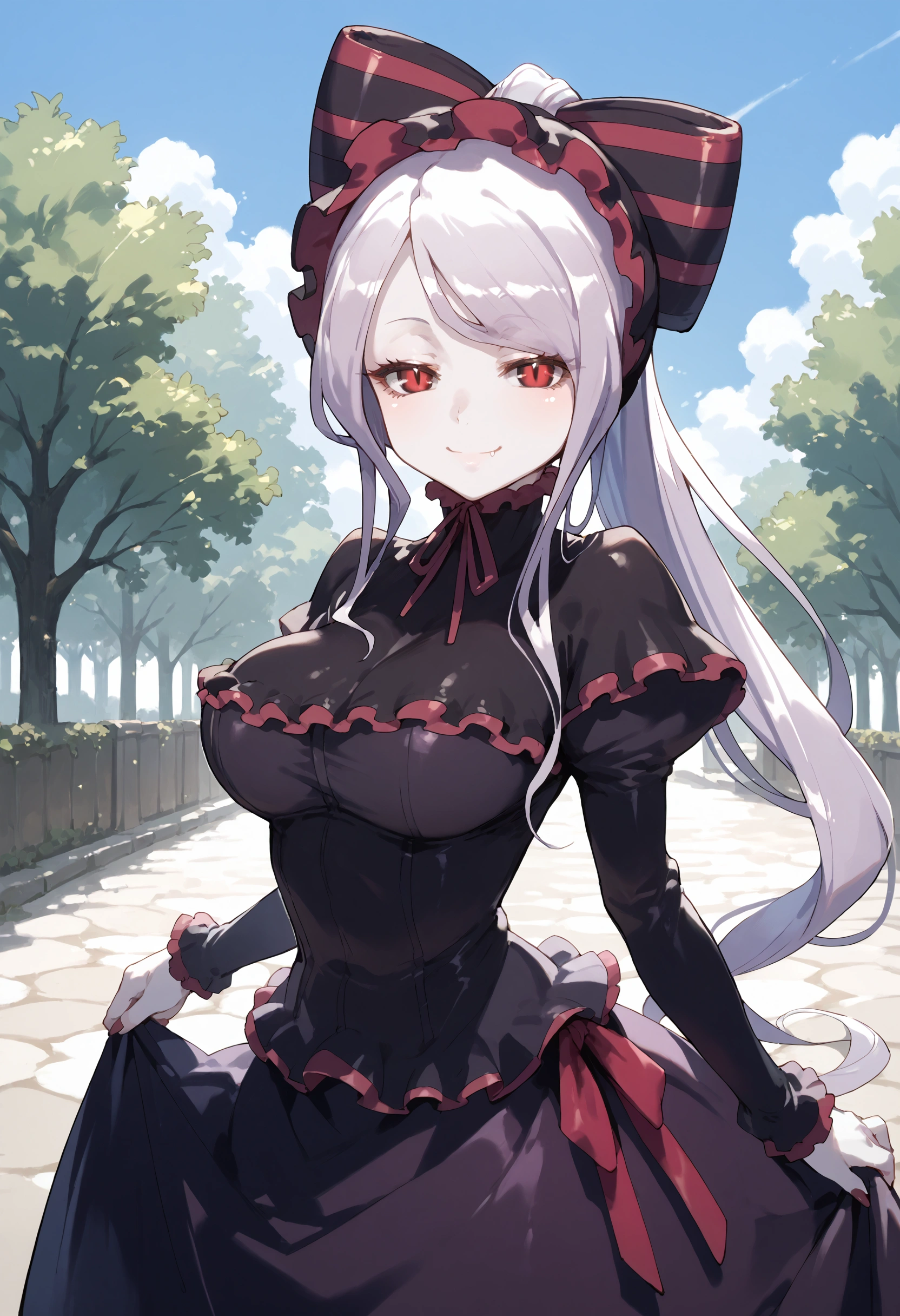 score_9, score_8_up, score_7_up, shiny skin, posing, rating safe,shalltear,large breasts, cowboy shot, leaning, greeting, half-closed eyes, holding skirts, looking at viewer, smile,