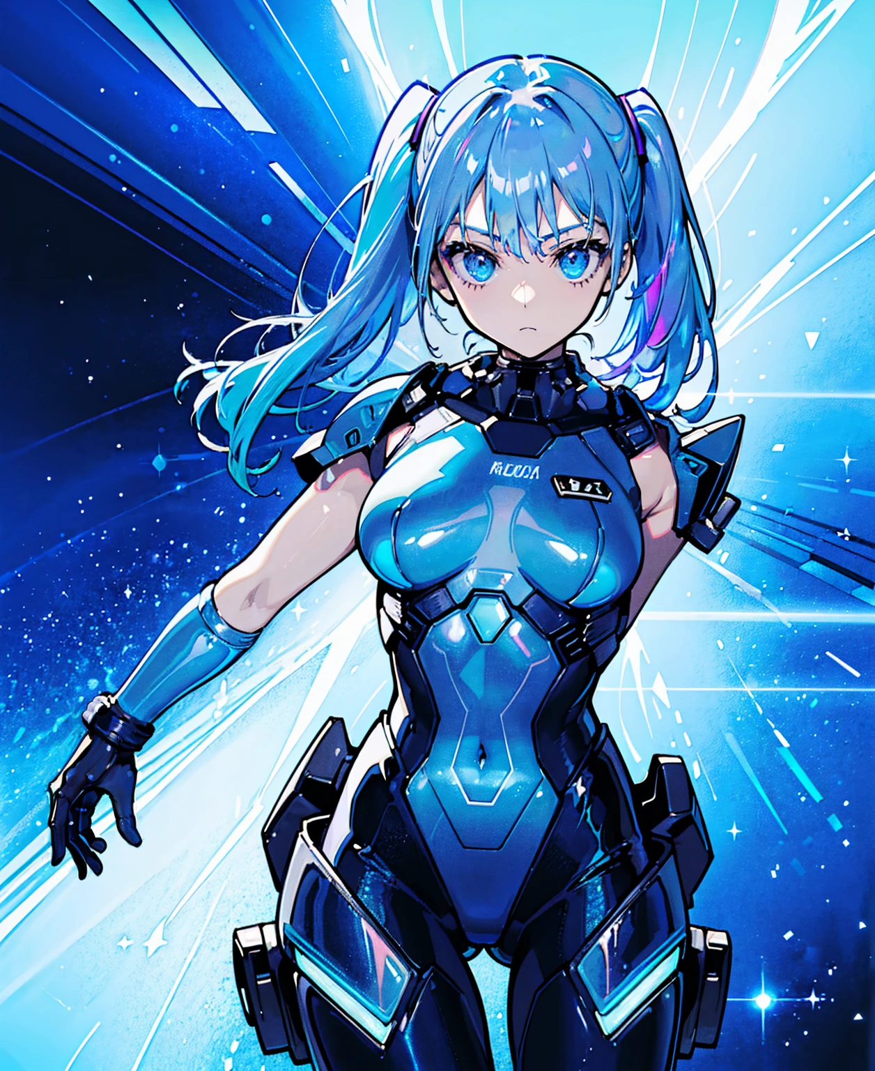 ((Holographic glow effect))、 blue hair 、Masterpiece、 Best Quality、1 person、Medium breast、(( album cover ))、 light on face、 slim body、 blue costume、Exoskeleton、Metal Gear、 cyberpunk style、 ponytails、Gundam Pilot、attention arousal，Ride a fighter jet 、 gloves up to the elbow 