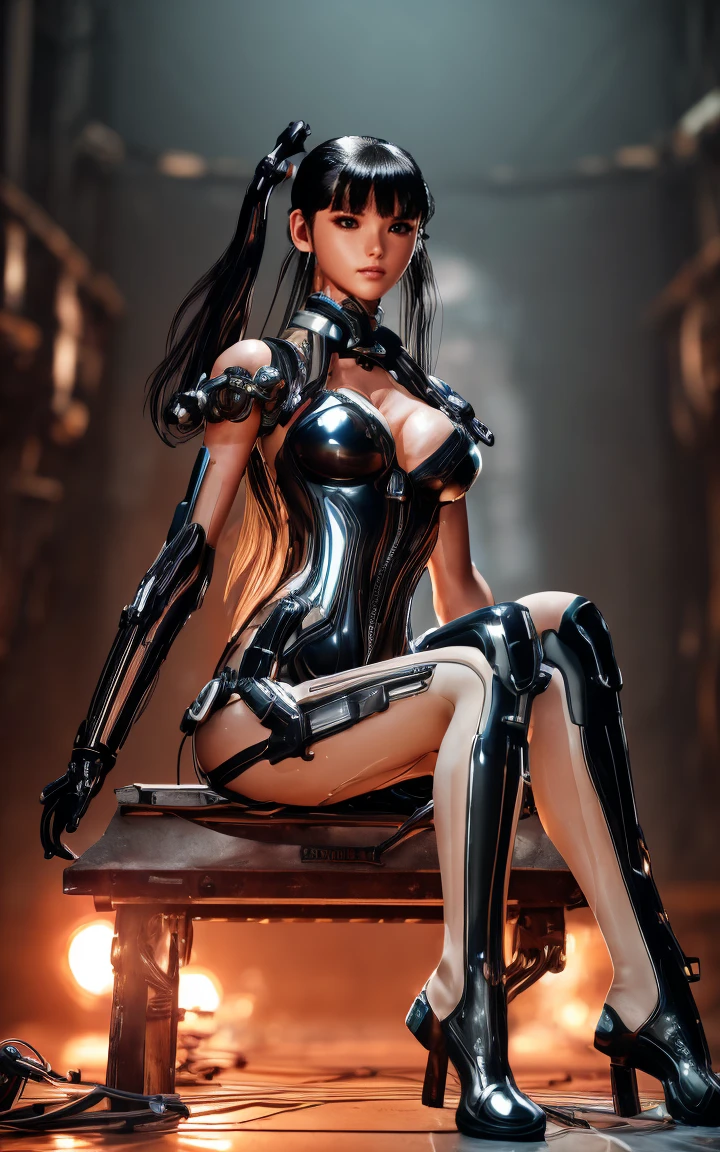  woman in latex costume, Eve,  stellar blade , Mechanized Soldier Girl, Android Girl,  orange full body tights,  girl wearing mecha cyber armor ,  8k,  philippines idol　Mature Woman 　Big Breasts 　((Bright and shiny lips))　(( black hair ponytail、Wavy Bangs))　(( staring at the camera))　　Smudged makeup　Wilderness Desert Background　Duck mouth　 pubic skin 　Teary-eyed 　Smoky makeup with black mascara　 Sexy Face,  detailed face , Face light, (The onset of drowsiness:1.2)(Blushed）(Blushed cheeks)(Perfect female figure)(Sharp focus),(Realistic moisturized skin),Eye for details,( plump body where you can put your legs on your chest:0.8), (Ample breasts),( perfect:1.2),( perfect and beautiful posture :1.2),(The smell of sweat all over the body:1.3)),（Bar Punk 2020 . Model Girl, 、(The whole body is infected)　 sitting with legs open 、Sit with your hips sticking out 、 put your hands behind your back （Symmetrical eyes with attention to detail）