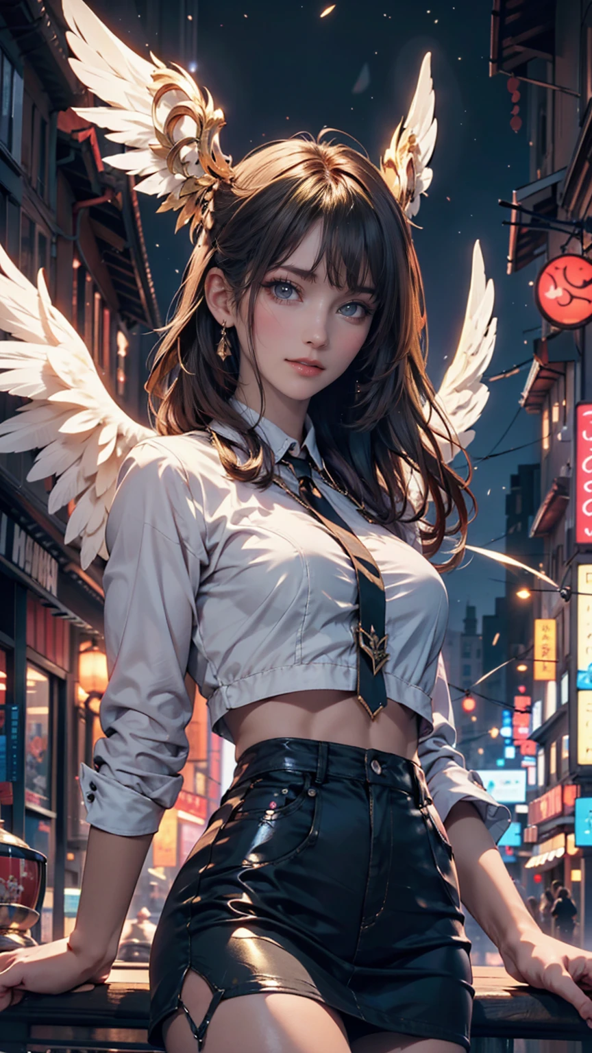 The image depicts a female angel floating above a city at night.。. The city lights are golden and create a dramatic atmosphere ,  Its delicate presence and black feathers contrast with the urban environment。. Women seem protective and cautious.