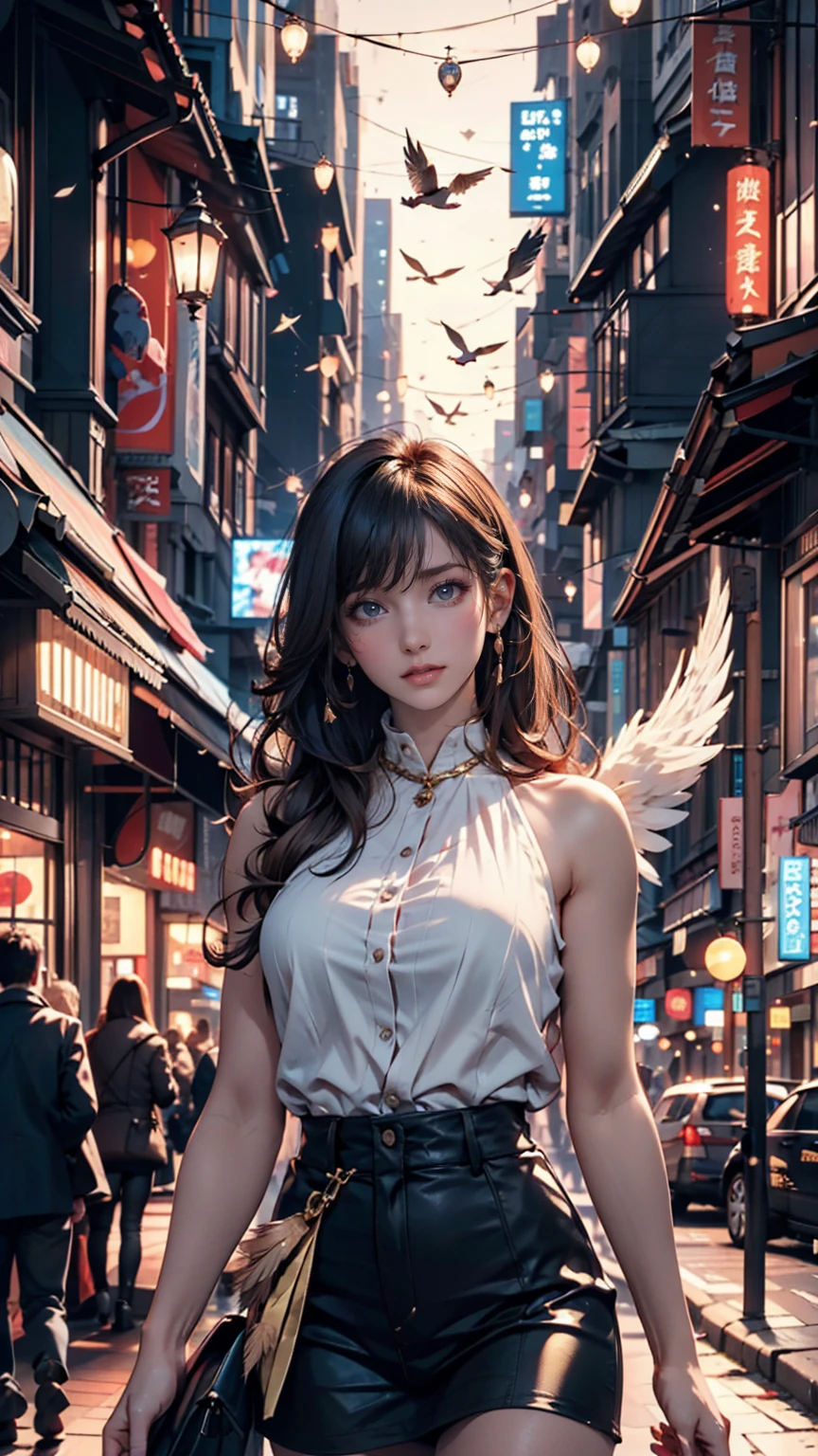 The image depicts a female angel floating above a city at night.。. The city lights are golden and create a dramatic atmosphere ,  Its delicate presence and black feathers contrast with the urban environment。. Women seem protective and cautious.