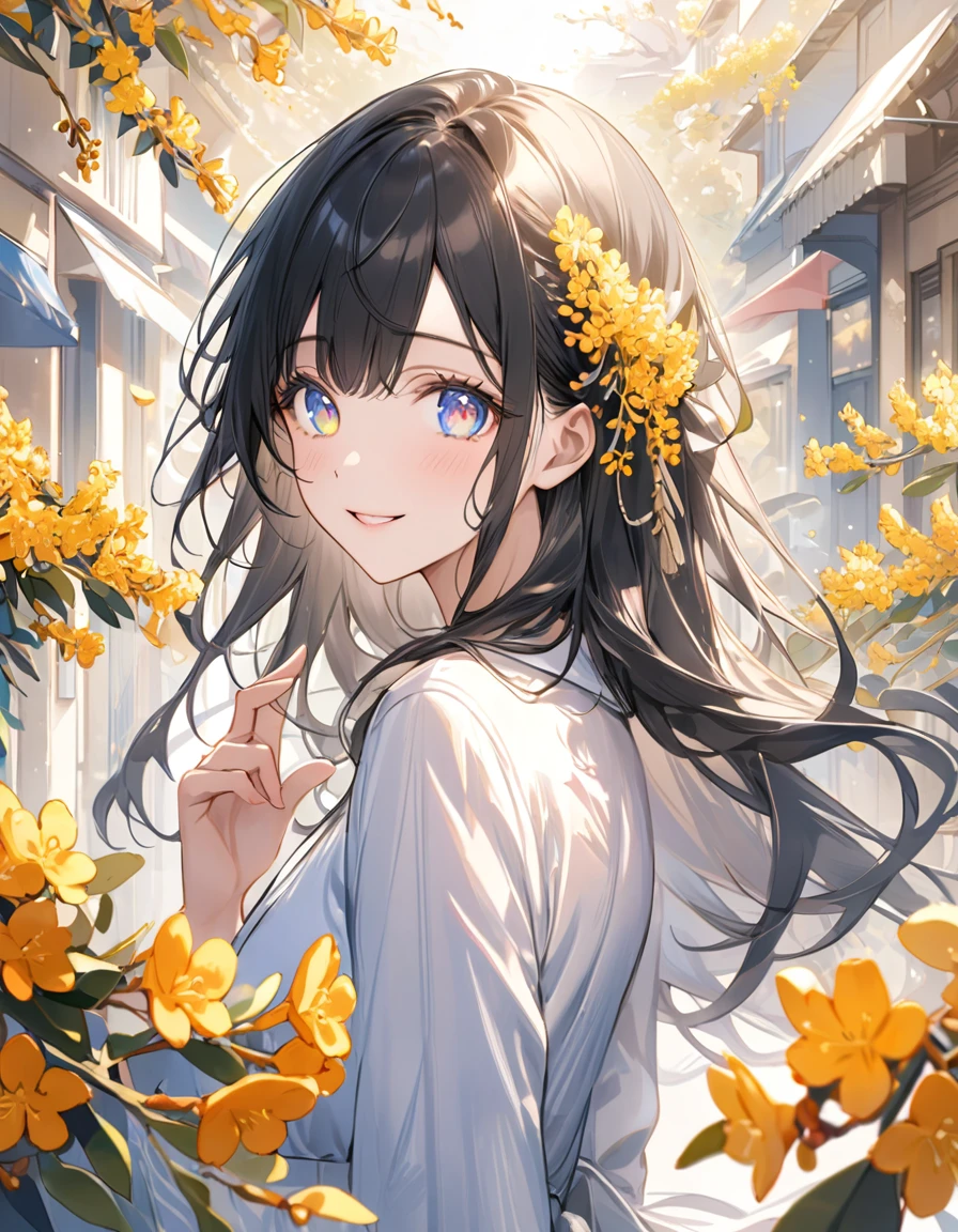 masterpiece,Sunny street , surrounded by osmanthus flowers,A cheerful expression,Rainbow Eyes, long black hair 