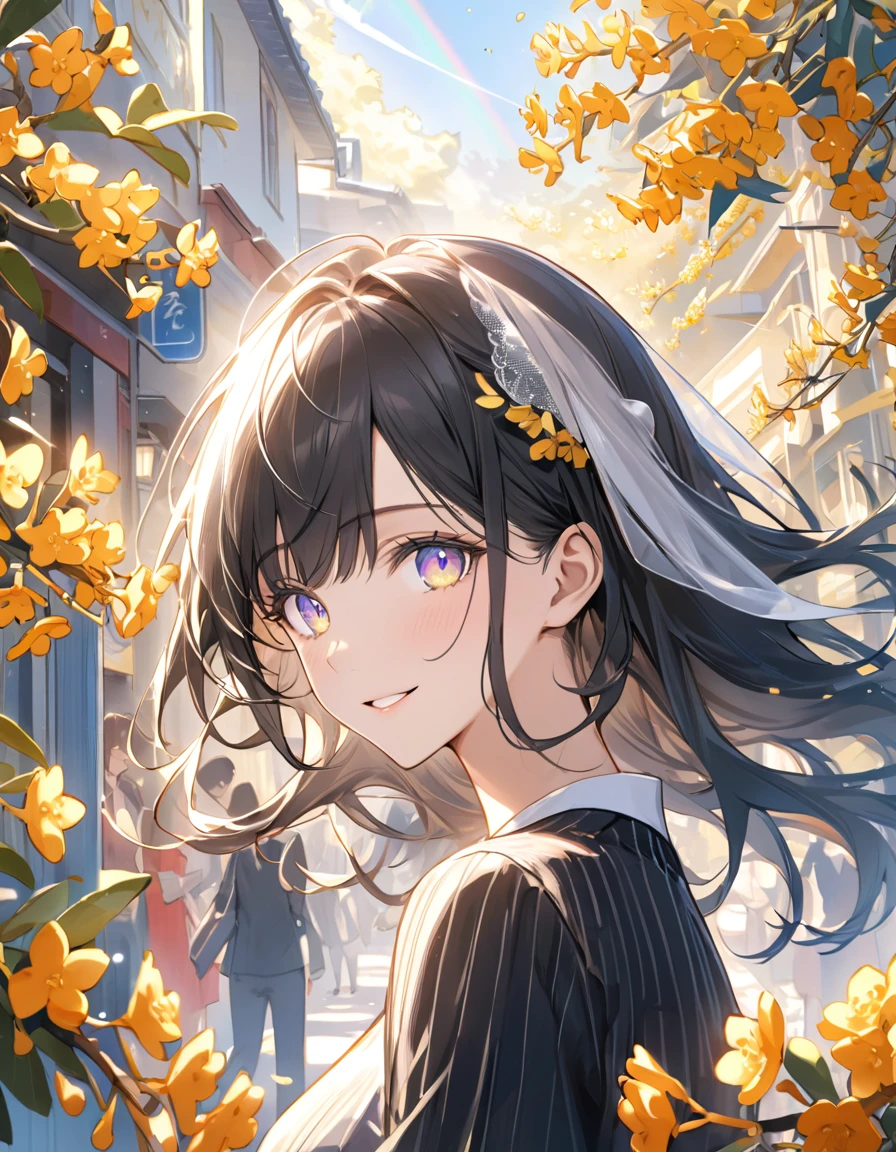 masterpiece,Sunny street , surrounded by osmanthus flowers,A cheerful expression,Rainbow Eyes, long black hair 