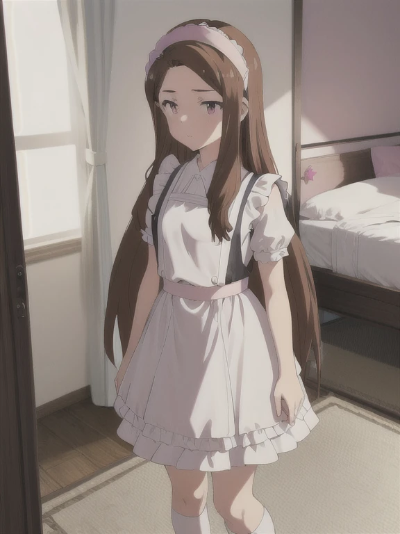 masterpiece,  best quality,  1 girl, Alone, Geori,  brown hair, Long Hair, Pink Eyes,  small breasts,  headband,  maid clothes, Knee-high, Absolute territory,  standing , indoor,  luxury bedroom,  detailed background ,  cowboy shooting