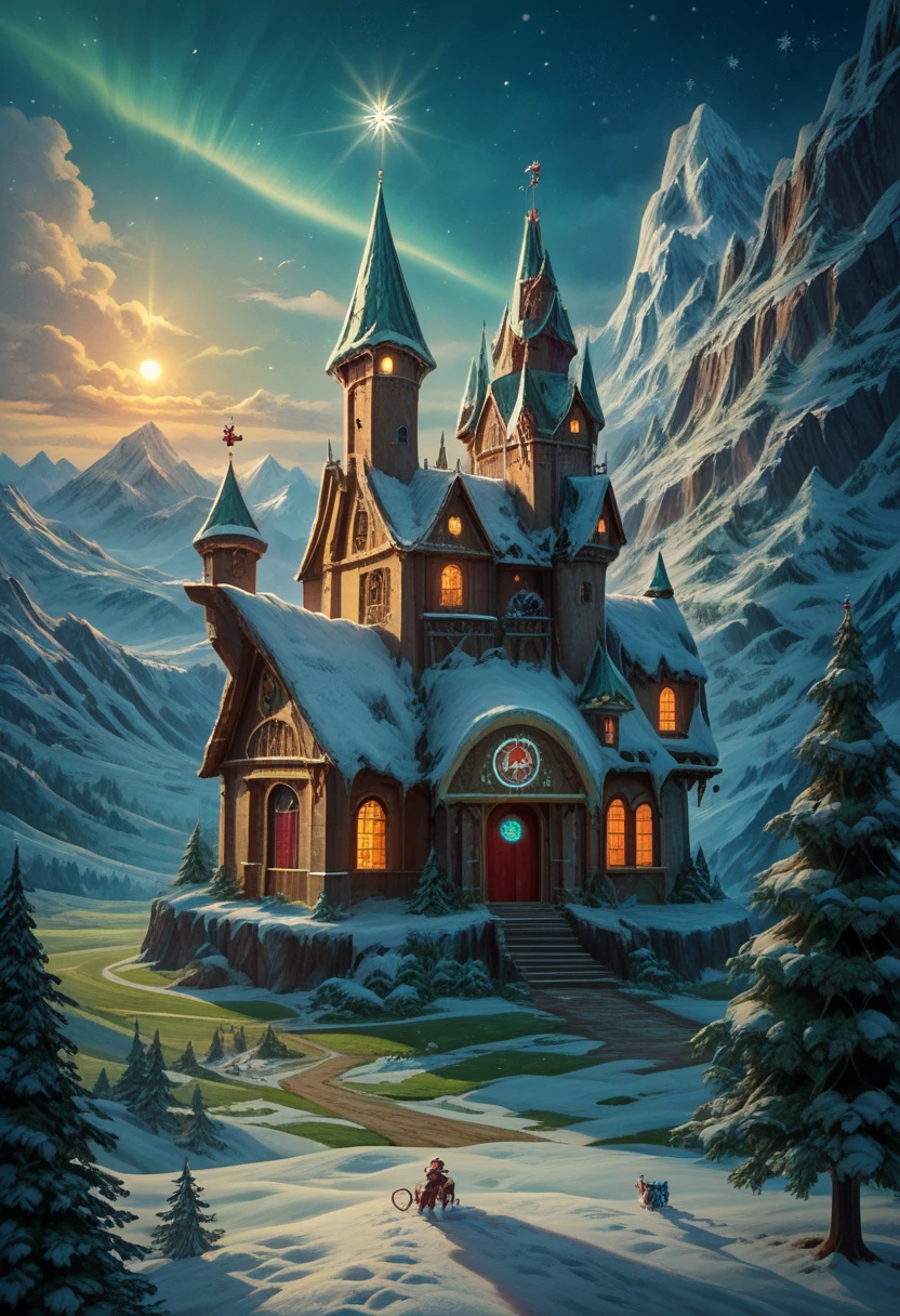 Snow Mountain Landscape Shining Exquisite Clear Glass Castle and Christmas Tree Snow Mountain Landscape Winter Night Environment Village with Subtle Glitter Exquisite Art Details， Illustration Style Retro Style Snowflake Flying Dance ，Snowflakes Adorable Holographic Glowing Effect ， Best Quality ，  Extremely complex exquisite details Overall scene shows intense creativity and depth dynamic technology basket lighting effects ），Fantasy realistic game poster style 