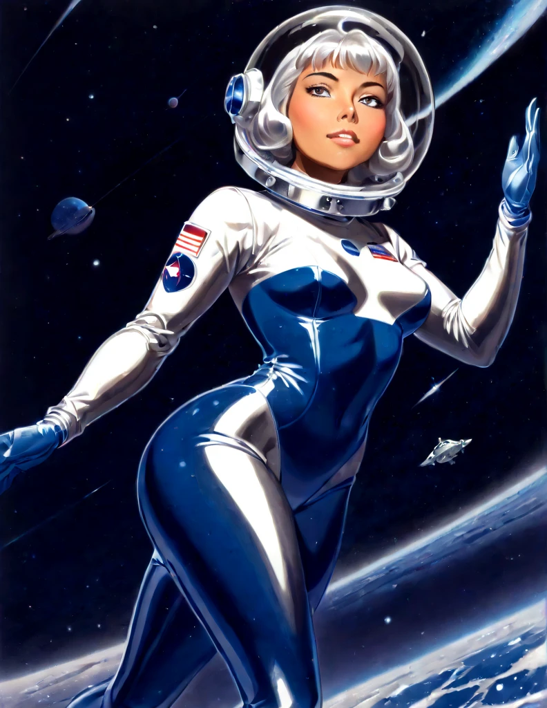 Tanned Woman with silver hair. She is wearing a skin-tight blue space suit with a retro clear dome Astronaut helmet. . She is floating in space 