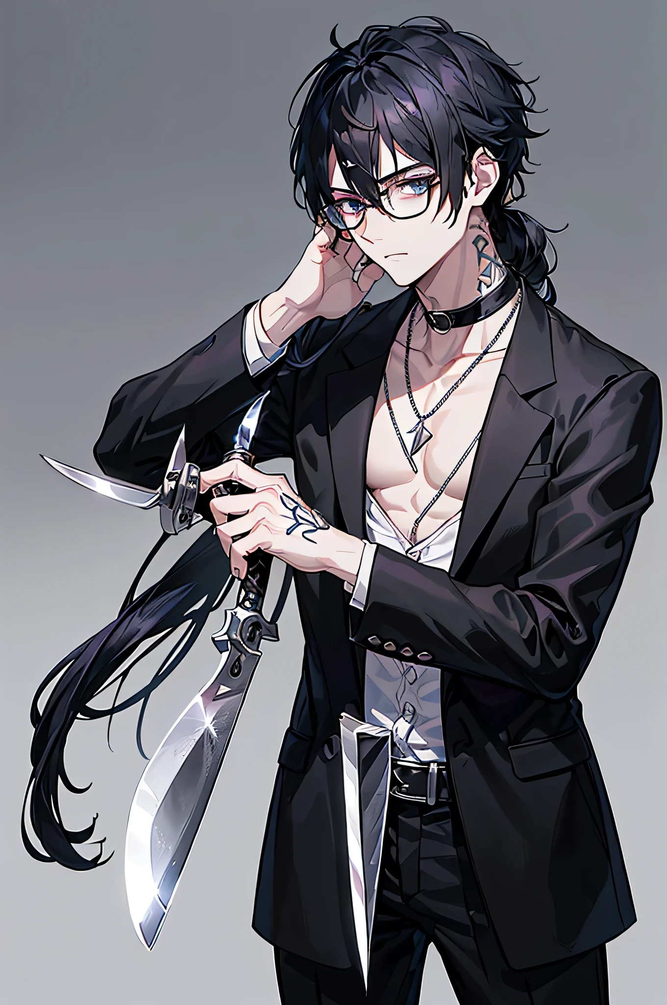 masterpiece, high quality, best quality, 1 guy, 1 person, ((black hair, silver gradient hair)), Short hair, ((body piercings, face piercings)), pale brown eyebrows, Smile, vulgar, ((solo))), Evil eyebrows, cheeky, (gray eyes) wicked smile, Evil Look, Evil eyebrows, ((lots of piercings)), black fingernails, (multiple leather straps, multiple iron chains attached to rings:1.125), detailed metal jewelry, Male organs, tattoo, drool, fangs, sharp teeth, highly detailed fine art, (finely detailed beautiful eyes and detailed face), delicate depiction of facial features