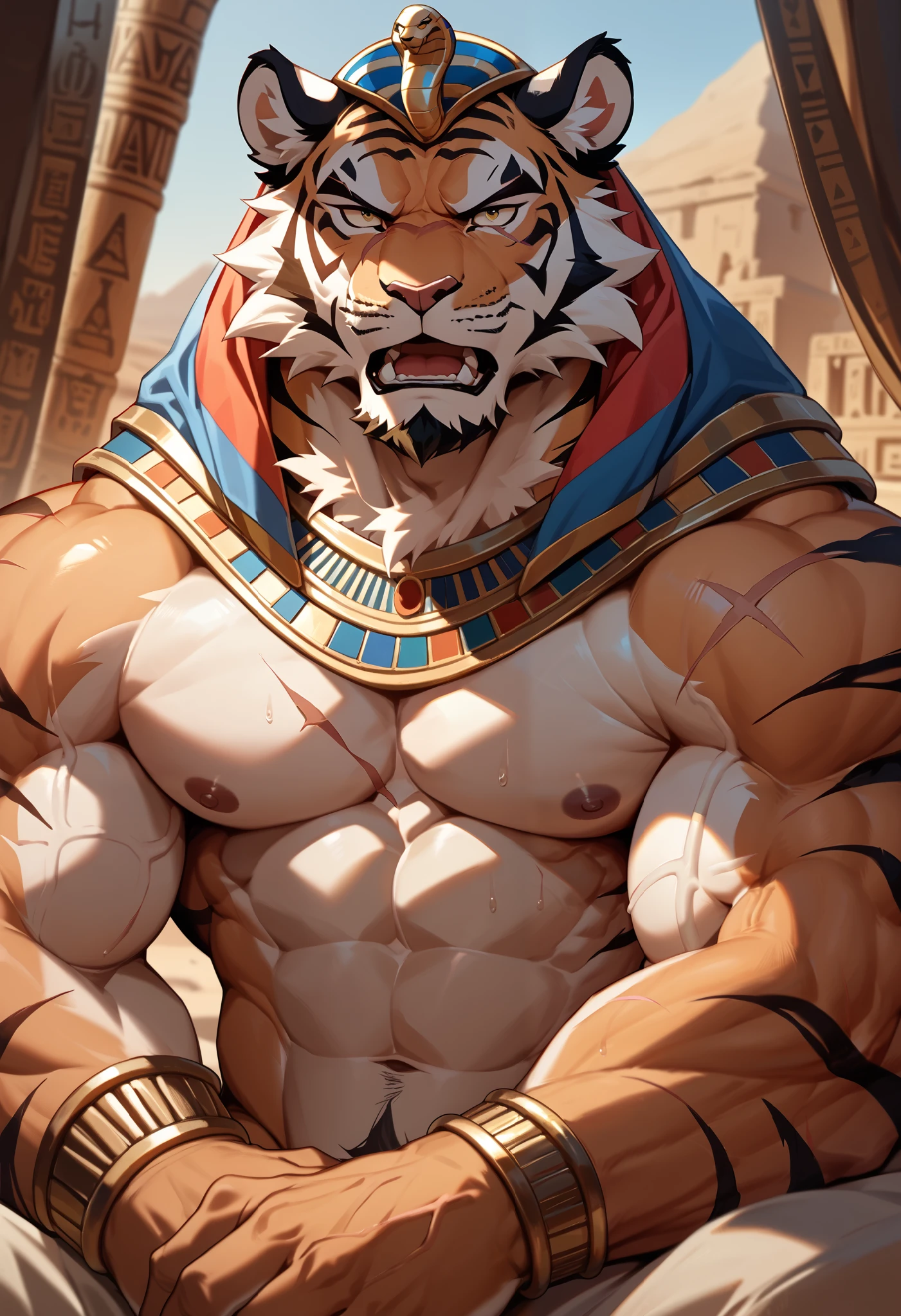 Best quality, masterpiece,ultra high res,detailed background,realistic, real shadow and light,depth of field, looking at the viewer, strong arm and veins, (furry male), (Tiger furry), (Dark skin), ((Scar on his eye)), Pharaoh outfits, huge scar, beard, Sexy body, angry face, sweat body, at the desert, desert hill, morning, morning breeze, close up, hunky, muscle, open mouth, huge scar on his body, aggressive, dark skin, Egypt style.