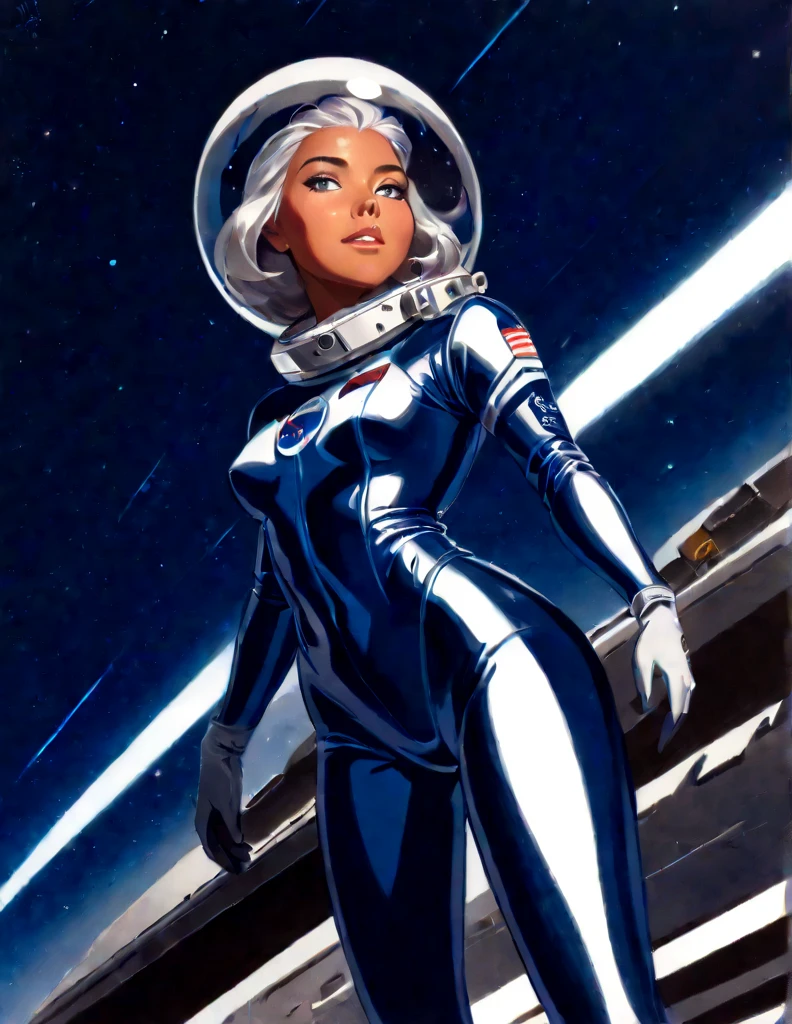 Tanned Woman with silver hair. She is wearing a skin-tight blue space suit with a retro clear dome Astronaut helmet. . She is floating in space 