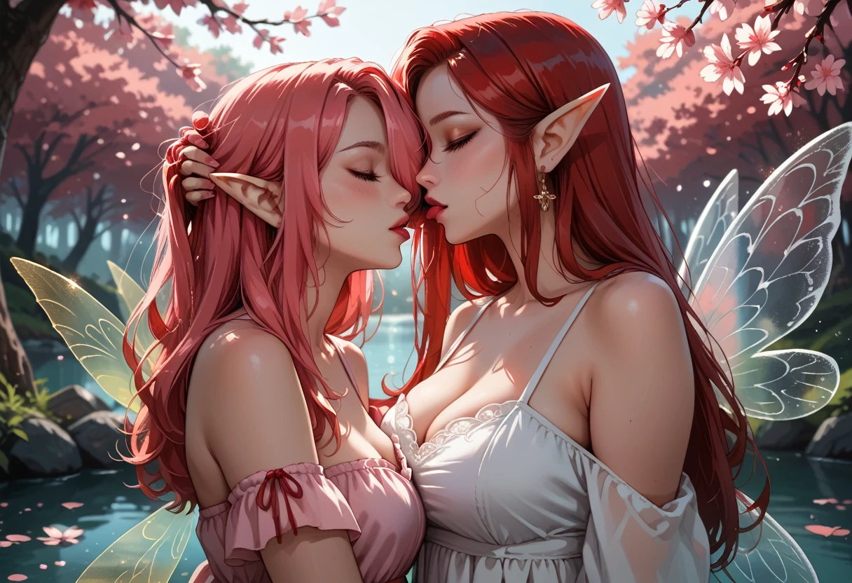 score_9, score_8_up, score_7_up, 2girls {Afemale_and_Bfemale}, Tag1: {Afemale: Adult, Mature, Curvy, Elf Woman: 1.3, (Long Red Hair over one eye: 1.6), wearing a (White Off Shoulder Sleeveless Gown: 1.3), Fairy Wings: 1.3, Bare Arms: 1.3, curvy: 1.3} and Tag2: {Bfemale: Adult, Curvy, Mature, Elf Woman: 1.3, (Long Pink hair over one eye: 1.3), wearing a (Pink Off Shoulder Sleeveless Gown: 1.3), Fairy Wings: 1.3, Bare Arms: 1.3, curvy: 1.3}, Flying in sky over lake surrounded by stars and aurora and cherry blossom trees, holding close, Standing, Pressing Close, (hand in hair: 1.3), (About to Kiss: 1.6), (Breath Visible: 1.3), eyes closed,: 1.3, Small Breasts: 1.3, (Close-up: 1.2), extremely detailed, ray tracing, RTX, high saturation, high contrast, photon mapping, (sharp image), (best quality), (detailed background), (intricate details), (LowKeyLights_v2: 1.0)
