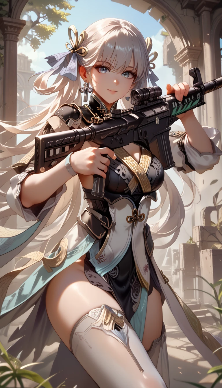 ultra-detailed, 1girl, JinshiWW, ((masterpiece)), (best quality), (highres), 16K, perfect face, long hair, hair ornament, black rings, bangs, hair between eyes, chinese clothes, two-tone dress, white thighhighs, black thong, busty body, large breasts and a beautiful ass, showcasing cleavage, legs, hips, holding assault rifle, looking at viewer, smile, detailed body, ruins background