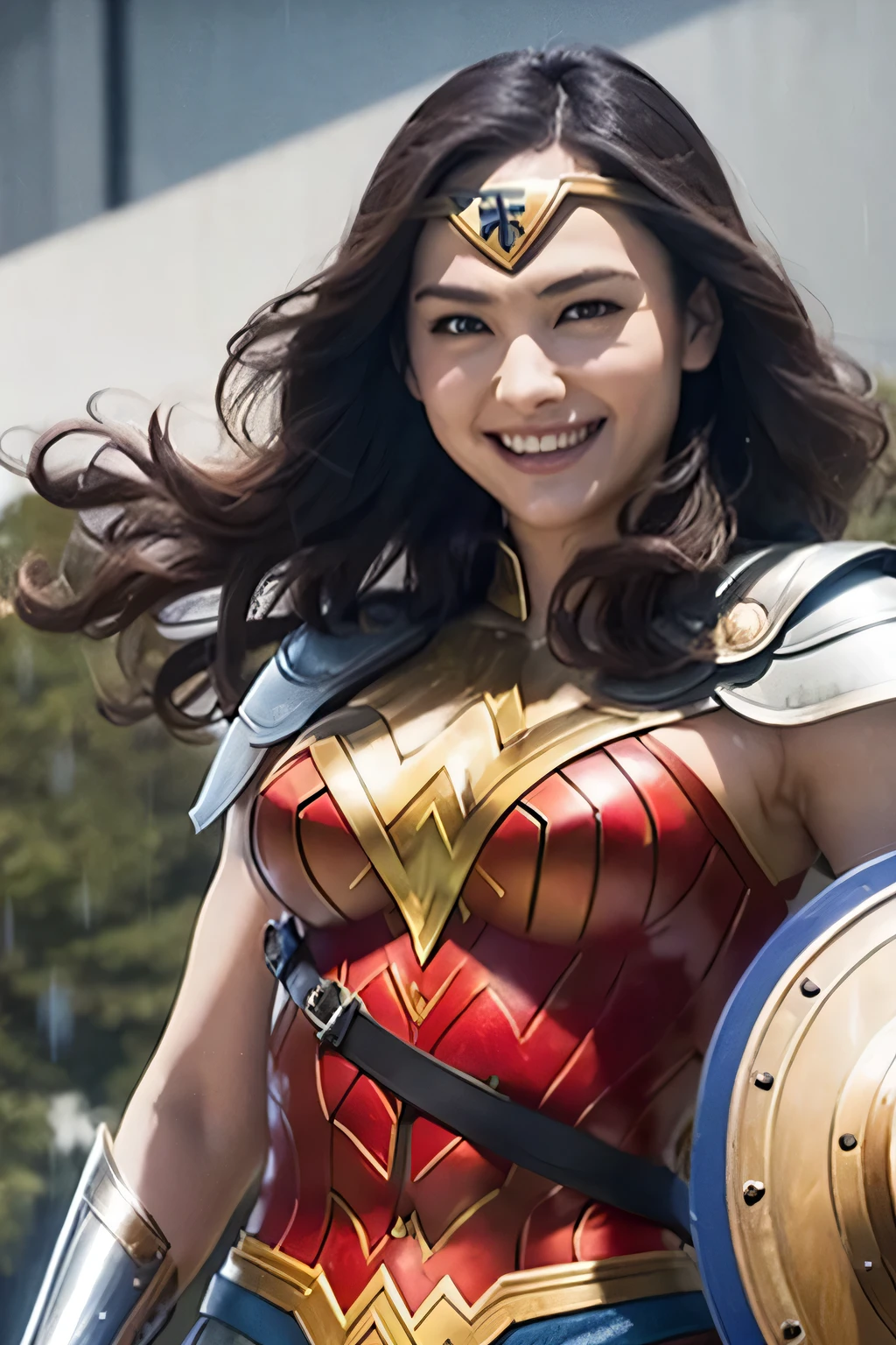 Heavy Rain, Smoke Clouds ,  Wonder Woman in War Costumes 、sword、shield、Japanese actress wearing Wonder Woman armor, Smiling, Horizontal angle medium shot ,