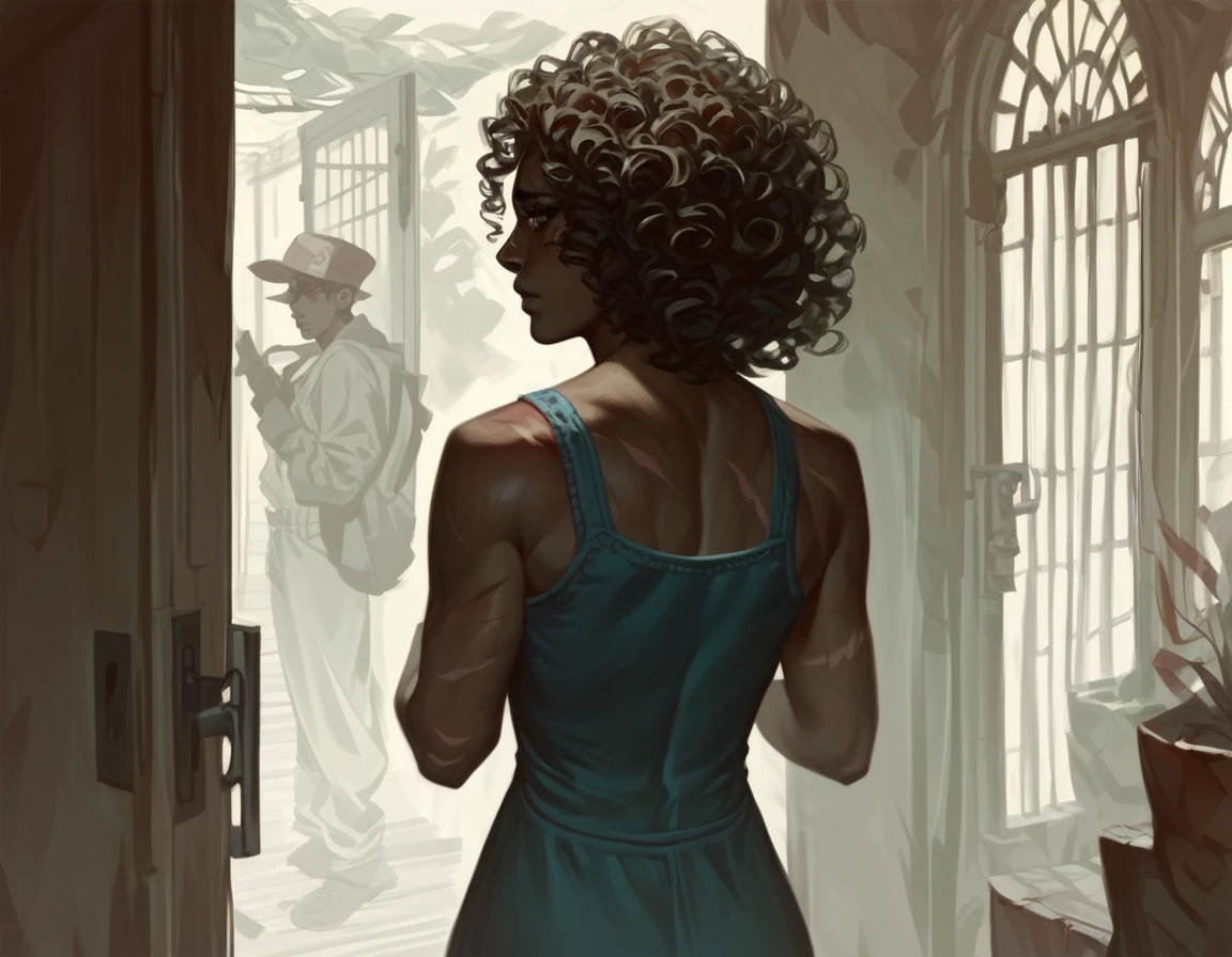 Dark skinned woman. Long curly hair. Wearing a blue summer dress. From behind looking back. Sad expression. Scars on the back. Scars on the body. Front door.  Perfect body 