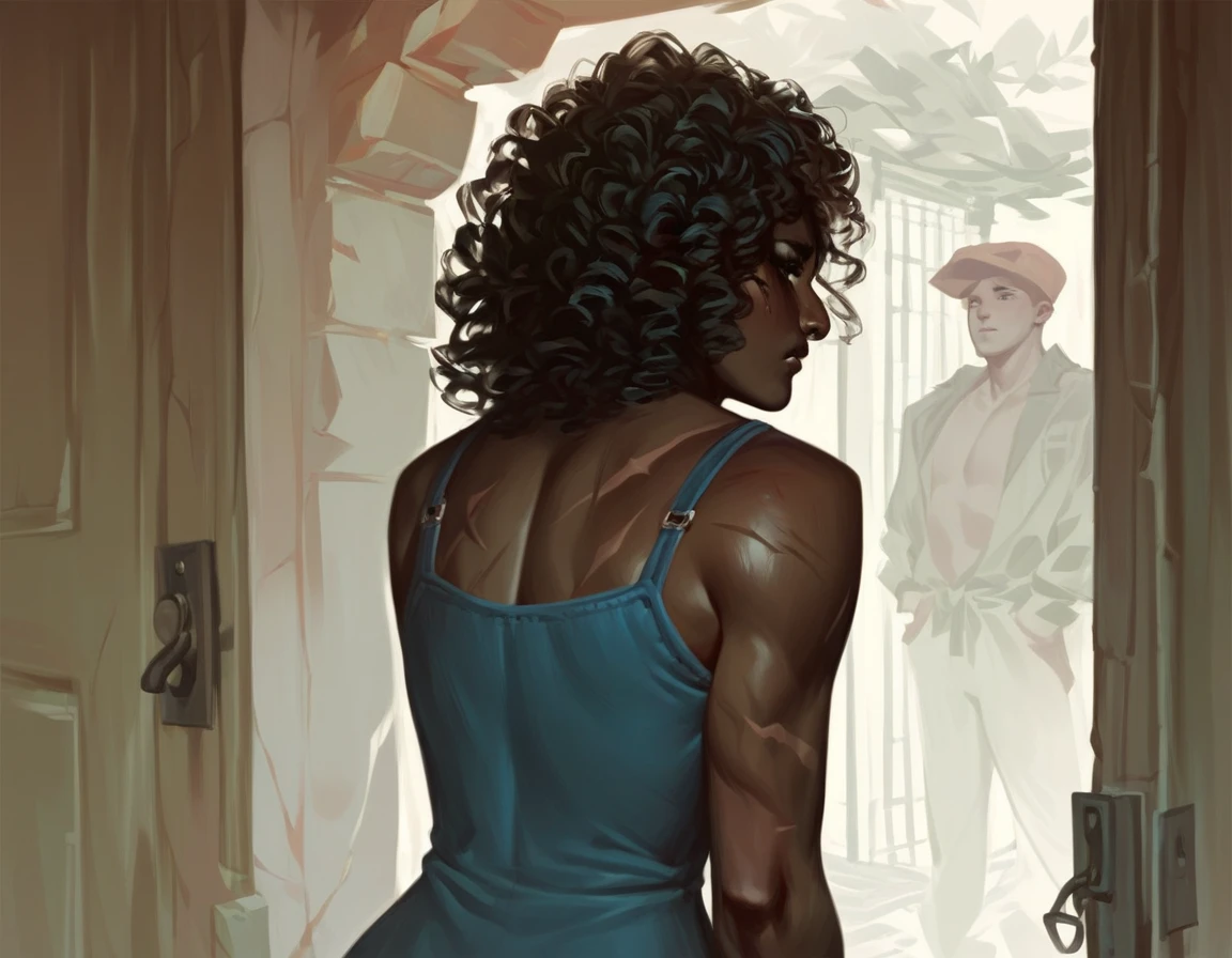 Dark skinned woman. Long curly hair. Wearing a blue summer dress. From behind looking back. Sad expression. Scars on the body. Front door.  Perfect body 