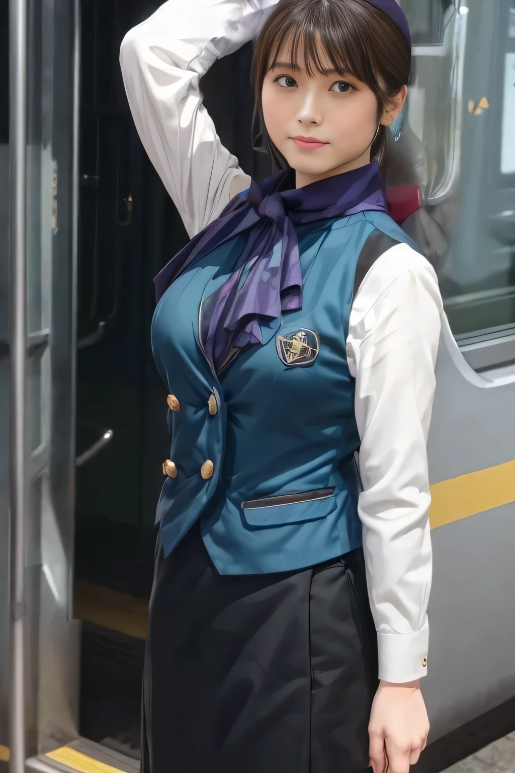 (masterpiece:1.2,  best quality:1.2), 32kHDR,  kampala, (Alone、  1 girl)、（What is 、 Professional Lighting）、In-flight background、（Nankai Train crew uniformを着たリアルなスタイル）、（（  Nankai Train Crew Uniform Collarless Blouse Long Sleeve 、Black Curly Culotte Skirt 、Scarf around the neck））、 Dark brown hair 、（ Long Hair、Hair tied up、Hair tied up）、 Dark brown hair 、 Long Hit 、Big Breasts、Thin legs、（（Great hands：2.0）），（（  Harmonious Body Proportions ：1.5）），（（Normal limbs：2.0）），（（Usually refers to：2.0）），（（ DELICATE EYES FULL OF DECISION：2.0）），（（Normal eyes：2.0））)、smile、（Nankai Train crew uniformを着た美しい姿）、Hands clasped underneath