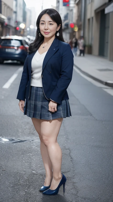 full body shot, from below,  japanese mature, 48 years old,  detailed face , smile,  white skin, semi-long hair , (curvy body,  Plump Thighs:1.4), ( navy blue blazer:1.2), (blue plaid ultra short pleated mini skirt, earrings,  necklace :1.2), ( black high heels :1.2), ( full body shot from toe to head, Standing on the sidewalk:1.2), ( surrealism, best quality, ultra detailed, absolutely resolution, 8k, anatomically correct), depth of field, looking at viewer, tachi-e, (JMA)