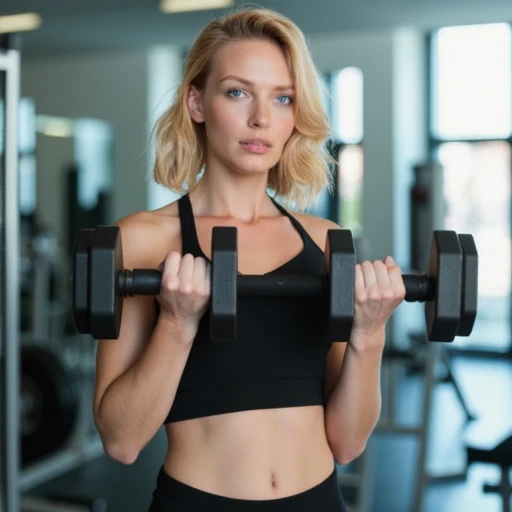 Blue-eyed blonde girl with wavy hair in gym clothes holds a 10-pound weight while at the gym 