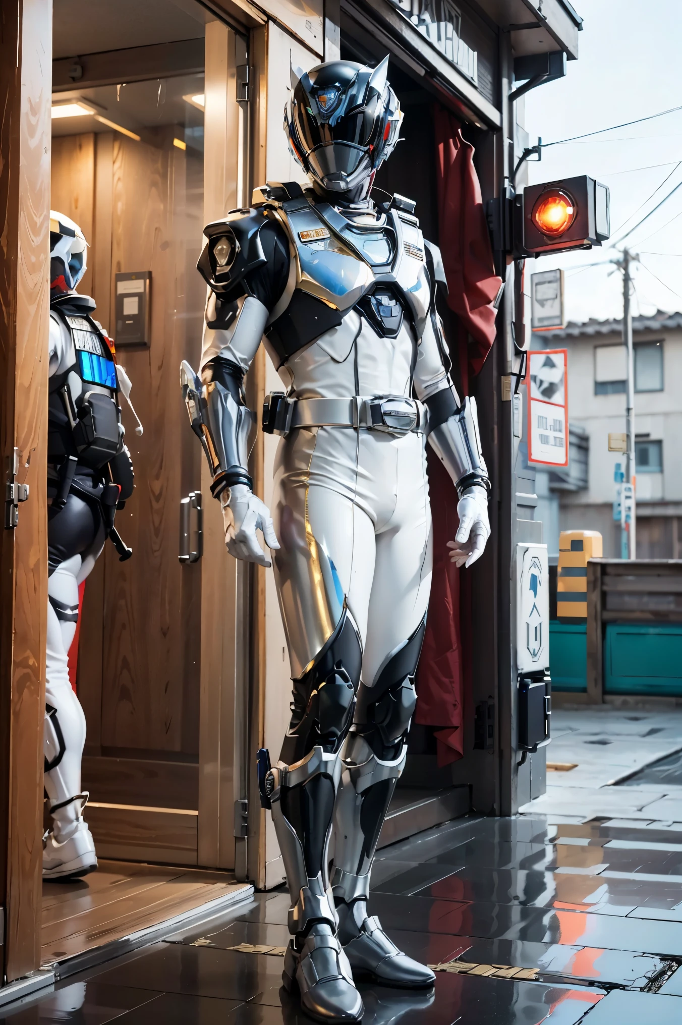 1boy, full body, Illustration, cinematic light, high resolution, best quality, ultra-detailed, masterpiece, power suit, powerranger, suit, spd, (Silver and Gold chest plate), white and gold detail, (((white suit))), ((police theme:1.2)), jetpack, ((cyberpunk background))
