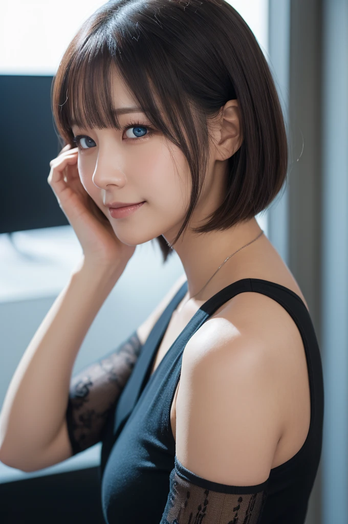 (highest quality, masterpiece:1.3, ultra high resolution), (Super detailed, caustics, 8k), (photorealistic:1.4, RAW shooting), 1 girl, (look at the camera with a smile), 20-year-old, cute, Japanese, Blue hair, Wolf Bob Kat hairstyle, Natural lips, wearing gucci red setup leather suit and shirts, cleavage, bust up shot, face focus, Natural light, Backlight, (A bright light shines from above), (Lens flare), professional writing, perfect bodies, perfect arms, Perfect fingers, perfect legs, perfect hair, pores, Realistic skin texture, perfect teeth, (low position), (Low - Angle)