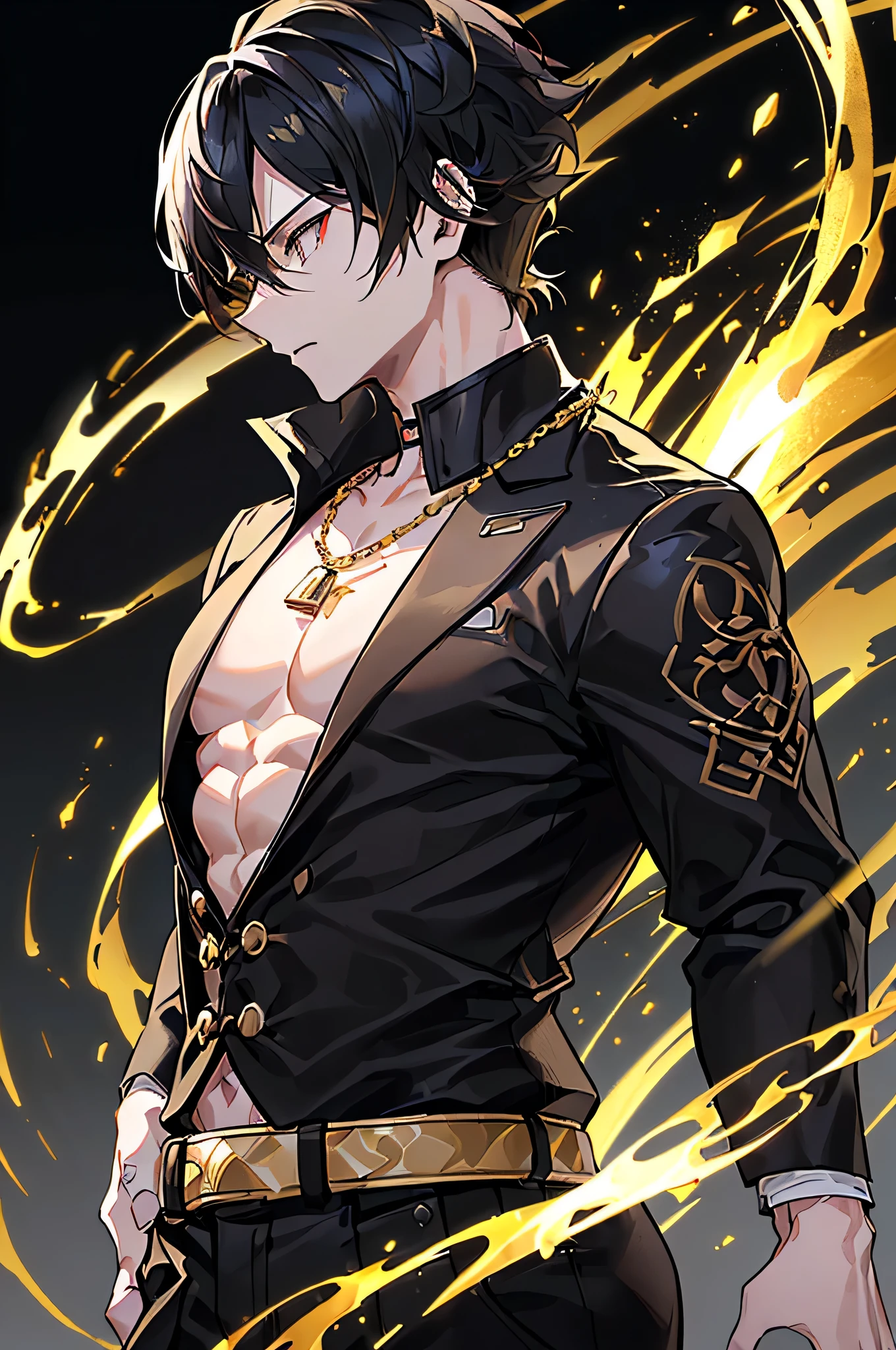 A boy with gold eyes soft short hair wgold black red boy hot that love chaos energy