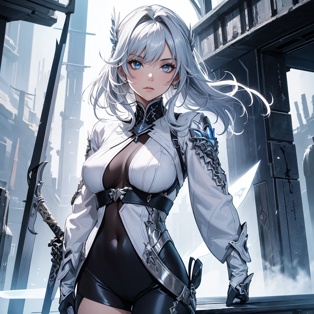 (masterpiece, best quality,ultra detailed,realistic,dutch angle).(1 girl, solo focus),(small breasts, short hair, silver hair, cute face:1.5),(army uniform, open front, cleavage, Exposed abdomen, heavy armed girl, assault rifle, revolver, survival knife),(floating hair, wind).(outdoors, conflict zone, smoke, dust)