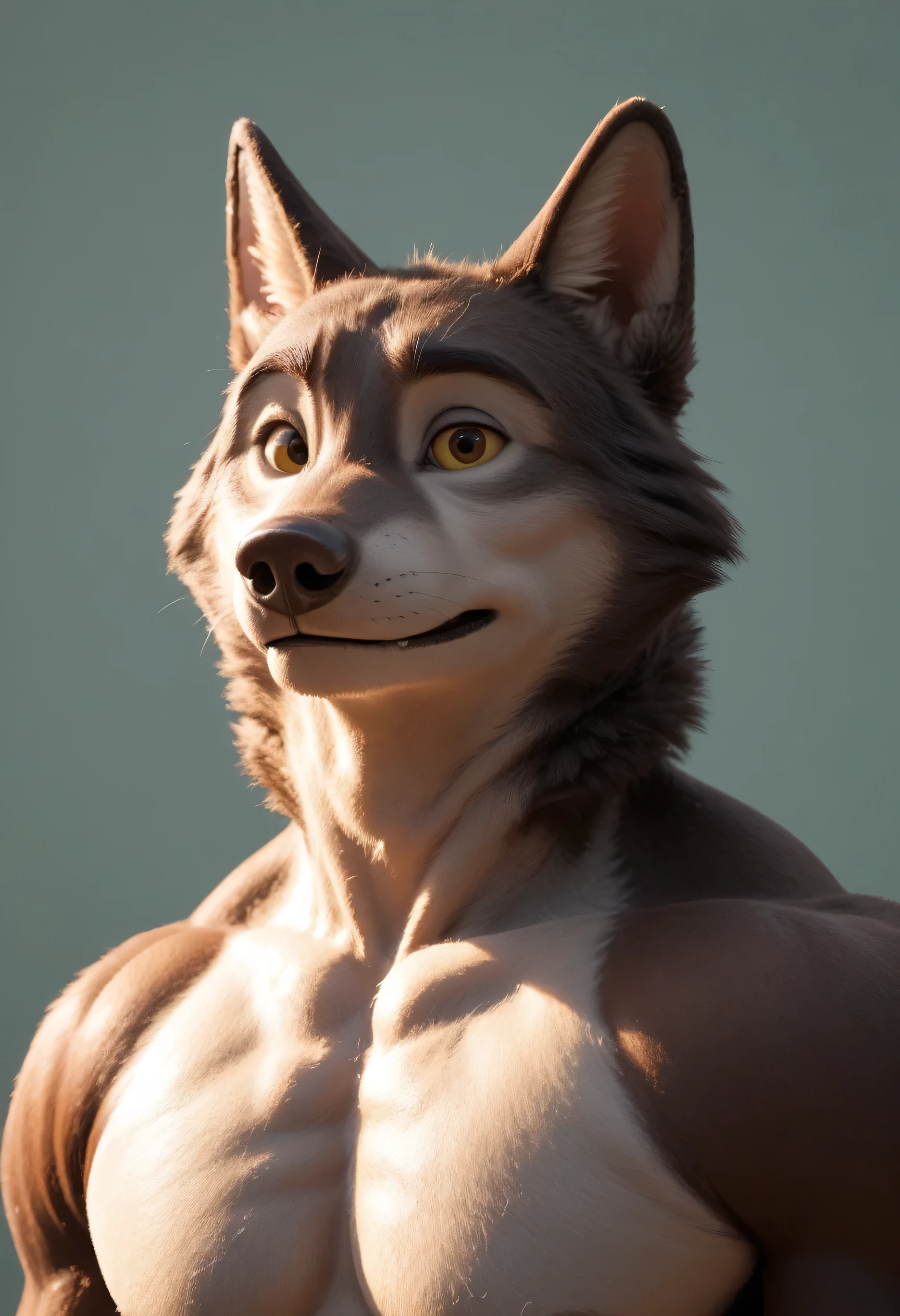 Zootopia wolf, 4k, high resolution, best quality, detailed, posted on e621, solo, anthro body, older male, masculine, male, very masculine, (very muscular:1.2), (plain background:1.1), (correct anatomy):1, (detailed eyes:1.1), sexy, (cel shaded:1.2), cartoony shading, (strong shadows, dramatic shadows):1.2, confident, (by takemoto arashi, by meesh, by Taran Fiddler), strong, (half body, upper body:1.1), brown eyes, yellow sclera,