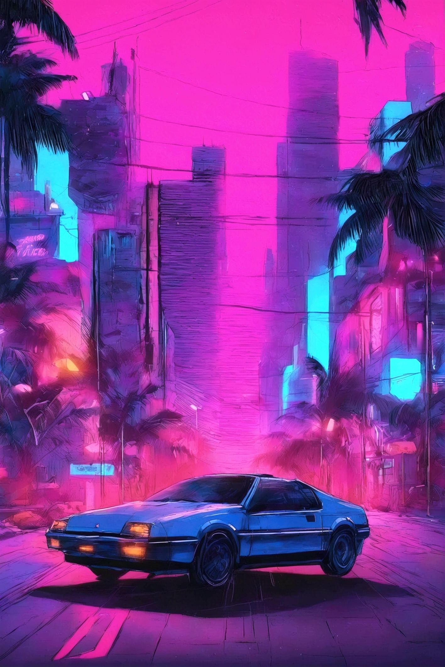  City Street Views with Palm Trees and Neon Lights,  Cyberpunk Art by Alena Aenami , Tumbler,   retrofuturism ,  art deco outran anime aesthetic ,  Synthwave Aesthetics , Retrowave atmosphere, 80s Style Synthwave , Synthwave City,  Synthwave Style ,  Miami Synthwave ,  synthwave art style from the 2009 sci-fi 8k film,  cyberpunk vibe,  Epic Retrowave Art 