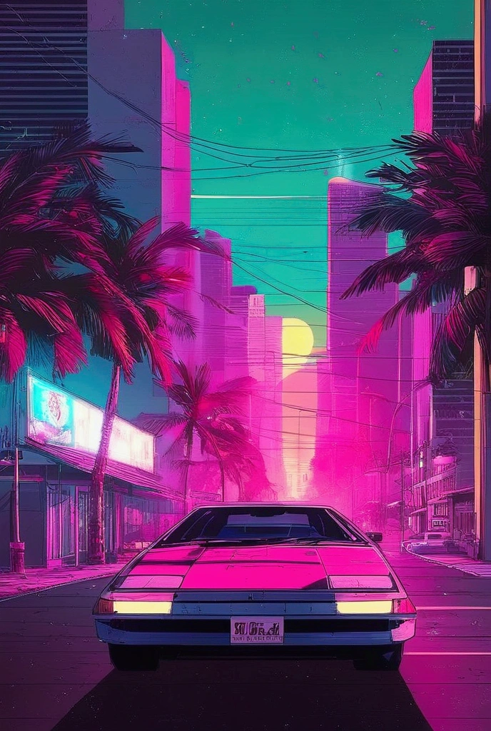  City Street Views with Palm Trees and Neon Lights,  Cyberpunk Art by Alena Aenami , Tumbler,   retrofuturism ,  art deco outran anime aesthetic ,  Synthwave Aesthetics , Retrowave atmosphere, 80s Style Synthwave , Synthwave City,  Synthwave Style ,  Miami Synthwave ,  synthwave art style from the 2009 sci-fi 8k film,  cyberpunk vibe,  Epic Retrowave Art 