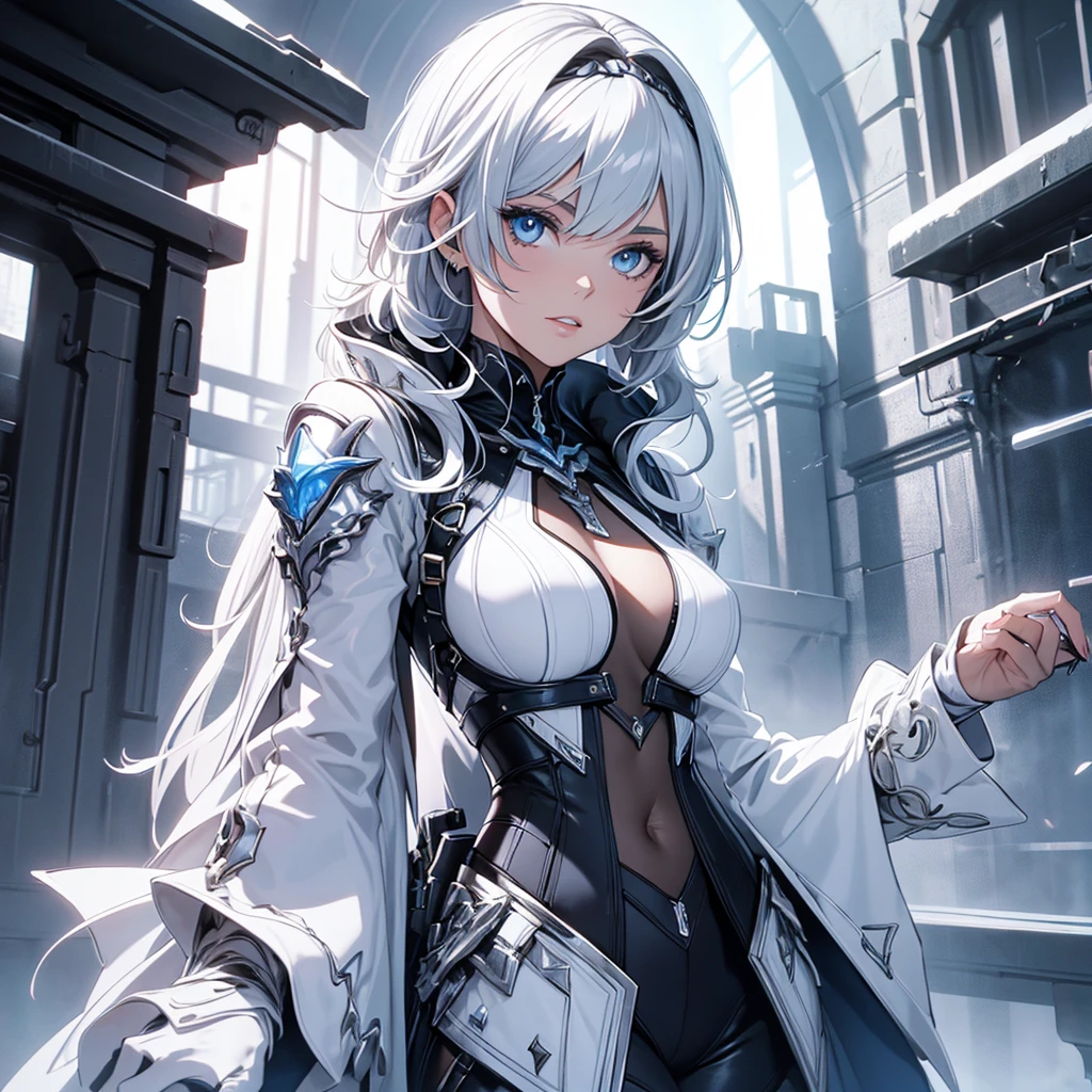 top-quality、Top image quality、​masterpiece、teens girl((White and blue hoodie、Black skirt、18year old、 Ager、Best Bust、big bast,Beautiful light blue eyes, Long silver hair、A slender,Large valleys、Reflecting the whole body、Leaning forward、Attach the VR visor to your eyes、jumping pose、Excited face、play VR,)),hiquality、Beautiful Art、Background with(( Cyber World、Cyber World、Space world))​masterpiece、depth of fields,