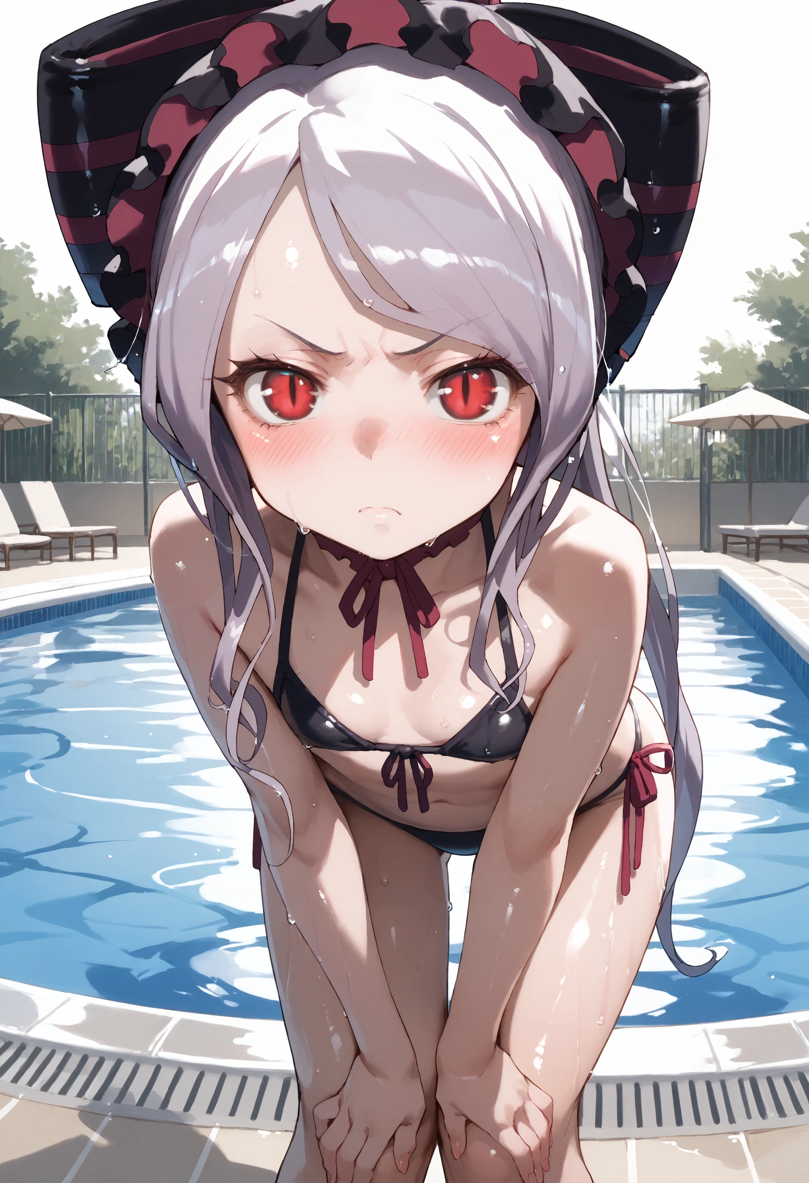 score_9, score_8_up, score_7_up, shiny skin,shalltear,flat chest,looking at viewer,bikini, black bikini, wet, pool, blush,arms up, pool,(leaning forward:1.3), (hands on knees:1.3),angry,blush