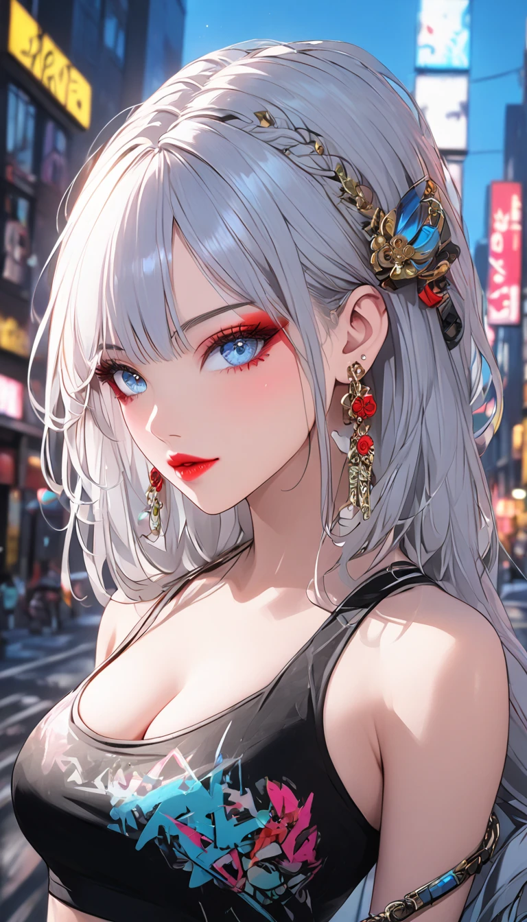 1girl, beautiful detailed eyes, beautiful detailed lips, hip-hop style outfit, street style fashion, urban city background, neon lights, vibrant colors, dynamic pose, graffiti art, cinematic lighting, , showing bare shoulders, cleavage,big breasts, 8k, high quality, cinematic, highly detailed, sharp focus,physically-based rendering,extreme detail description,professional,vivid colors,bokeh,portraits, shenhe, blue eyes, braided ponytail, earrings, eyelashes, eyeliner, eyes visible through hair, eyeshadow, hair between eyes, makeup, red eyeshadow, sidelocks, single earring, symbol-shaped pupils, tassel, tassel earrings, white hair, long hair, earrings, makeup, lipstick, red lipstick, whole body, full body shot
