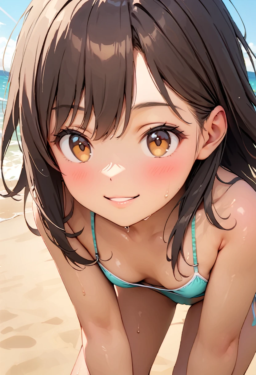 (Highest quality:1.2, Very detailed, Latest, Vibrant, masterpiece:1.2, Highest quality, Best aesthetics), smile, ((Face Up Shot:1.4)), 1980s style, 8K Ultra HD, Background Blur, smile, One Woman, girl in bikini,small breast,arashio KC,snirking, brown hair, brown eyes, Strong sunlight, Seaside, sunny, Summer sunshine, Wet Skin, Sandy Beach, low length, Dynamic Angle