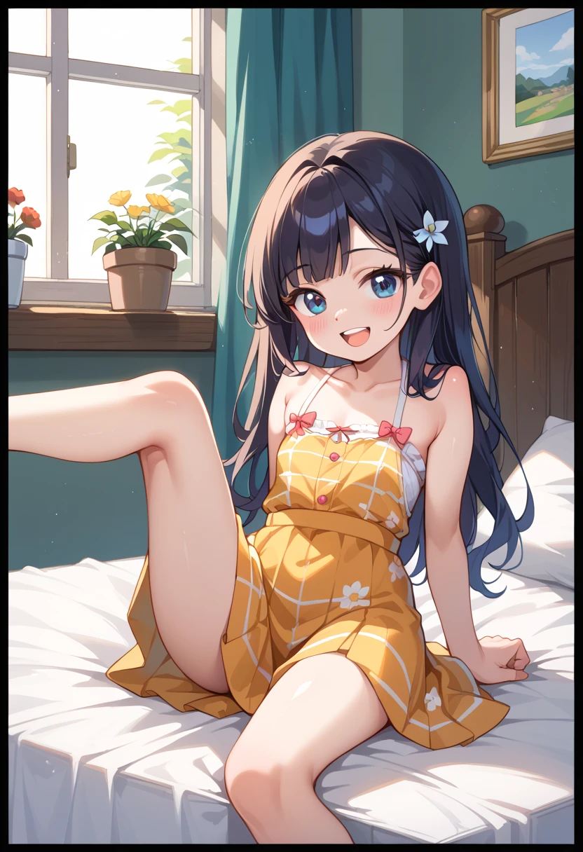 (( best quality)), ((masterpiece)), (be familiar with),  perfect face, indoor, bedroom,  watching viewers,
One woman,  Gamemun Neko ,
 characters with open mouth ,  ecstatic expression with hands in front of body, blush, smile,
Small breasts,  flat chest, Young girl, Lori,  ,  girl,
 long hair,  long hair,
Leg spread,