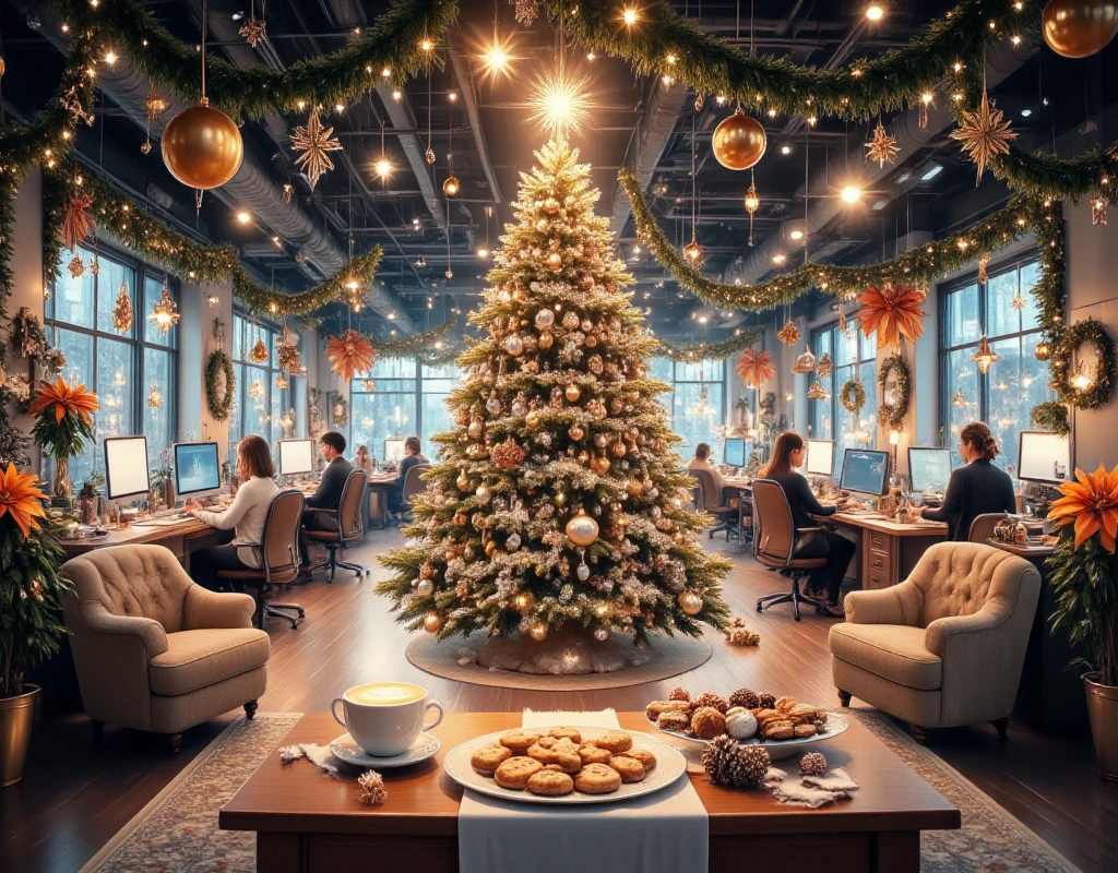 Panorama picture, high wide, large office of an IT company, decorated for Christmas, with a large Christmas tree in the center, decorated with baubles in orange, white and silver, festive decorations such as garlands, wreaths, fairy lights, poinsettias and pine cones are scattered around the room, several workstations with laptops visible, in the foreground a cozy sitting area with comfortable armchairs, on the table is a plate with a selection of Christmas cookies, a simple white cup with steaming coffee, warm and festive atmosphere, very detailed and realistic, 1024x1080 format, 300 DPI