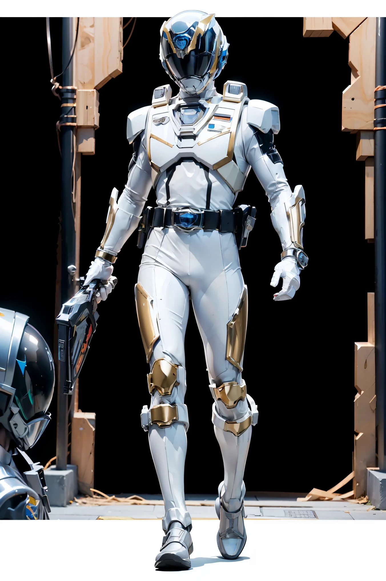 1boy, full body, Illustration, cinematic light, high resolution, best quality, ultra-detailed, masterpiece, power suit, powerranger, suit, spd, (Silver and Gold chest plate), white and gold detail, (((white suit))), ((police theme:1.2)), jetpack, ((people background))