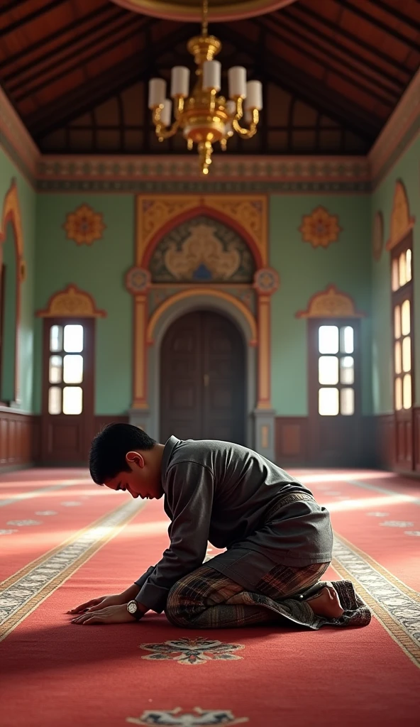 Pictures of a boy praying in a black caftan in a gray-blue mosque