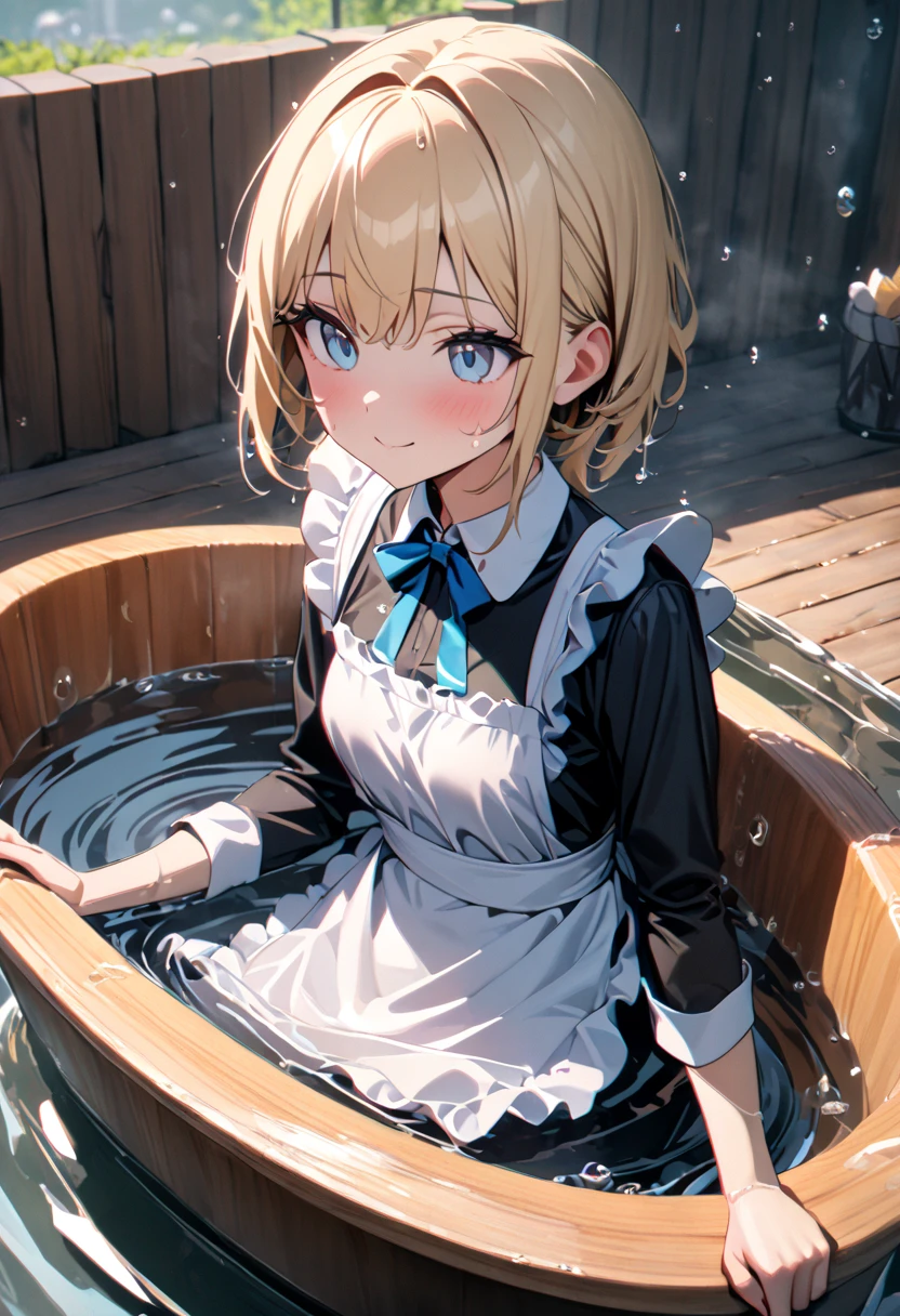 (8k,  super quality, masterpiece:1.2),  ultra high resolution,  one girl , cute, Small breasts, Blonde, Blue Eyes,  maid clothes,  black dress,  White Apron ,  apron dress,  Katyusha,  Blue Ribbon , sleeve, Gold accents, Taking a bath, Wooden bathtub,  Outdoor Bath, soaked,  their chest is soaked in water , Submerged with clothes on , Bubble,  like a ,  best smile, Date, Water droplets all over the body, 