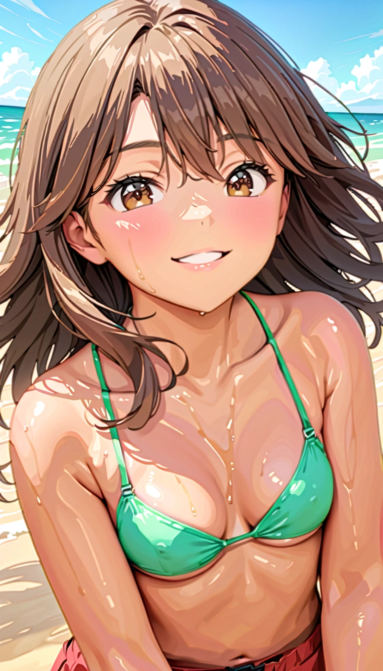 (Highest quality:1.2, Very detailed, Latest, Vibrant, masterpiece:1.2, Highest quality, Best aesthetics), smile, ((Face Up Shot:1.4)), 1980s style, 8K Ultra HD, Background Blur, smile, One Woman, girl in bikini,small breast,arashio KC,snirking, brown hair, brown eyes, Strong sunlight, Seaside, sunny, Summer sunshine, Wet Skin, Sandy Beach, low length, Dynamic Angle