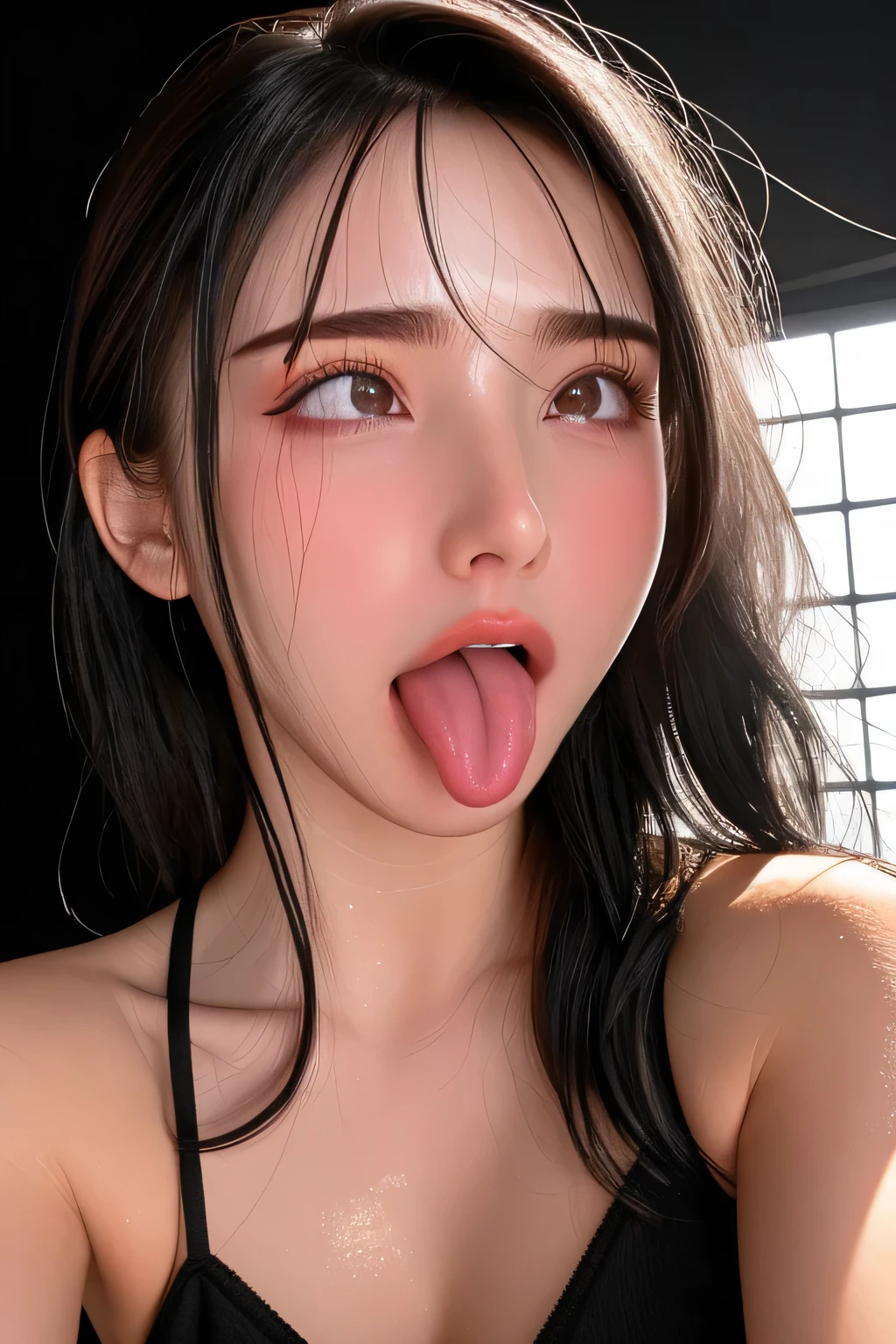 ((NSFW))、masterpiece、最high quality、high quality、best image quality、8K、最High resolution、High resolution、最high quality、Realistic human body with detailed details、Realistic skin in every detail、Realistic face in every detail、Realistic eyes in every detail、Nose realistically reproduced down to the last detail、Realistic lips in every detail、Realistic teeth in every detail、Realistic ears with attention to detail、Realistic hair with detailed details、Realistic chest with attention to detail、Realistic areola with detailed details、Realistic nipples with attention to detail、Realistic arms with attention to detail、Realistic hands with attention to detail、Realistic fingers with attention to detail、(fine hands、thumb１reference４)、((beautiful japanese girl))、(japanese model), (japanese woman)、((18 year old beautiful girl))、(black hair)、(straight hair)、((Upper body))、((Upward beautiful breasts、Medium chest))、(slim style、slender style)、(Full body glossy skin、Fair skin)、((full nude))、Detailed and realistic human body、detailed realistic skin、detailed realistic face、detailed realistic arms、Detailed realistic fingers、Detailed realistic feet、Detailed realistic female breasts、in a dark basement、Stone pavement with an eerie and cold atmosphere、a lot of sweat on the body(full of sweat:1.3), (Realistic male human body with details)、(muscular man)、((multiple men))、((detailed realistic penis))、((Length 30cm、A magnificent penis with a thickness of 6cm))、((Penis with particular attention to detail))、((Girl gives blowjob to multiple dicks))、((Girl holding penis and giving handjob))、((girl inserting penis in mouth))、((Girl sticks out her tongue and licks penis))、((A man cums in his mouth))、((Group of men squirting semen on their faces))、((Realistic sperm))、(((spray cum all over the face)))、((The whole hair is slippery with sperm.))、((A large amount of cum bukkake on the chest))、((A large amount of sperm adheres to the entire skin))、((Girl gets an unrealistic amount of semen on her face))