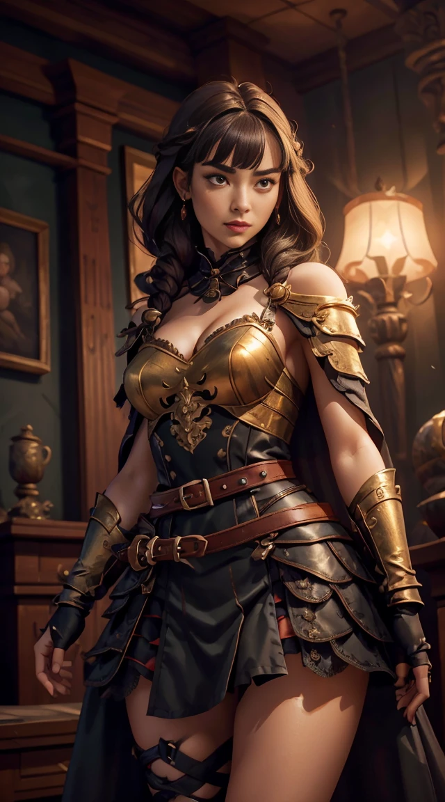 A beautiful vampire woman in a sexy armored black asymmetric one shoulder strap leather armor mini dress, Elegant Curls with Lacy Braids hairstyle, brown hair with split bangs, black mini cape with red vampire collar, stunning hazel eyes, teardrop shaped large breasts,  daggers knives on belt, woman is like the edge of a dagger, pleated mini skirt, slimm thicc body, wide hips, (best quality,4k,8k,highres,masterpiece:1.2),ultra-detailed,(realistic,photorealistic,photo-realistic:1.37),HDR,UHD,studio lighting,ultra-fine painting,sharp focus,physically-based rendering,extreme detail description,professional,vivid colors,bokeh,full body shot,fashion photography, Draw diagonally from below