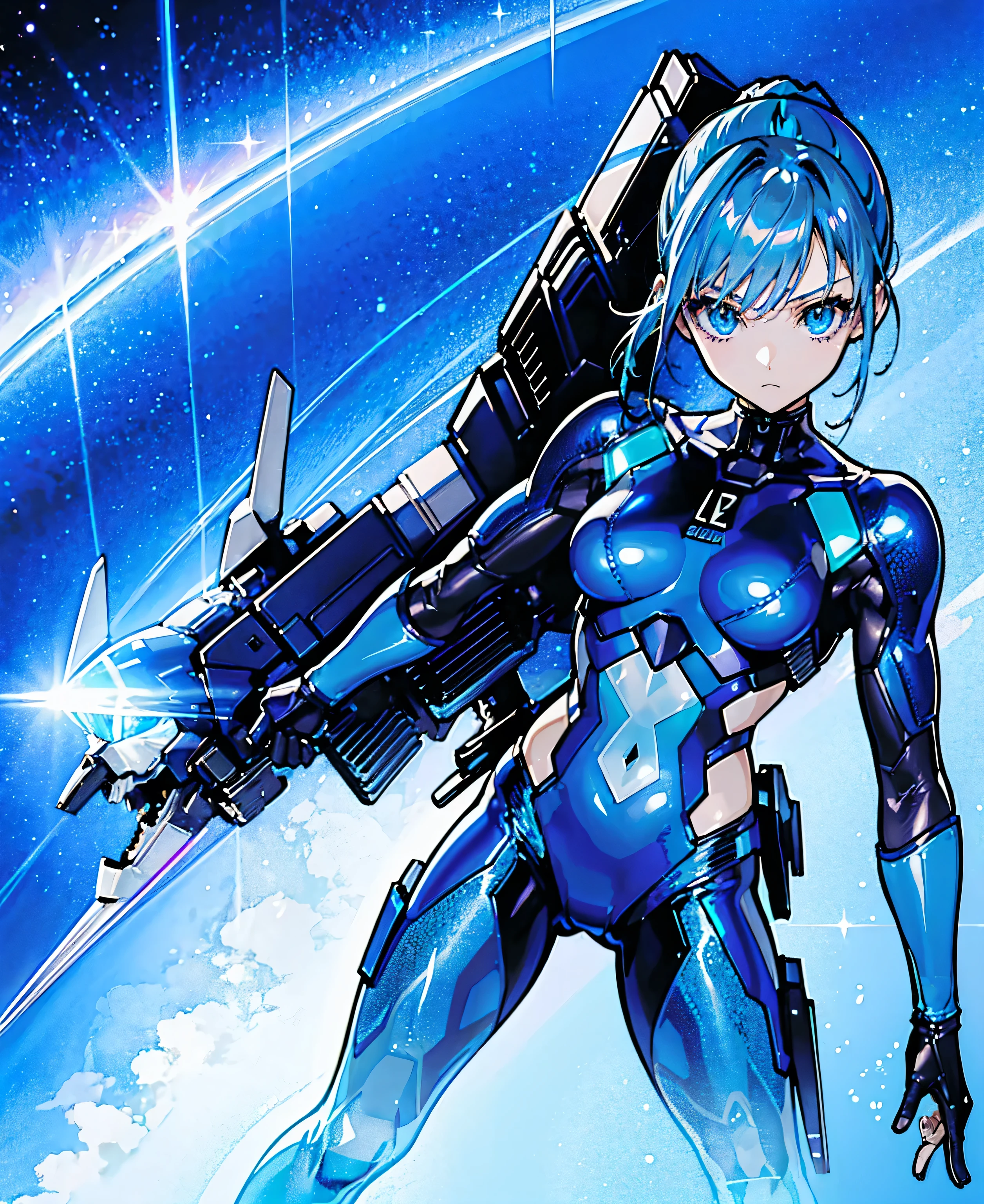 ((Holographic glow effect))、 blue hair 、Masterpiece、 Best Quality、1 person、Medium breast、(( album cover ))、 light on face、 slim body、 blue costume、Exoskeleton、Metal Gear、 cyberpunk style、 ponytails、Gundam Pilot、attention arousal，Ride a fighter jet 、 gloves up to the elbow 