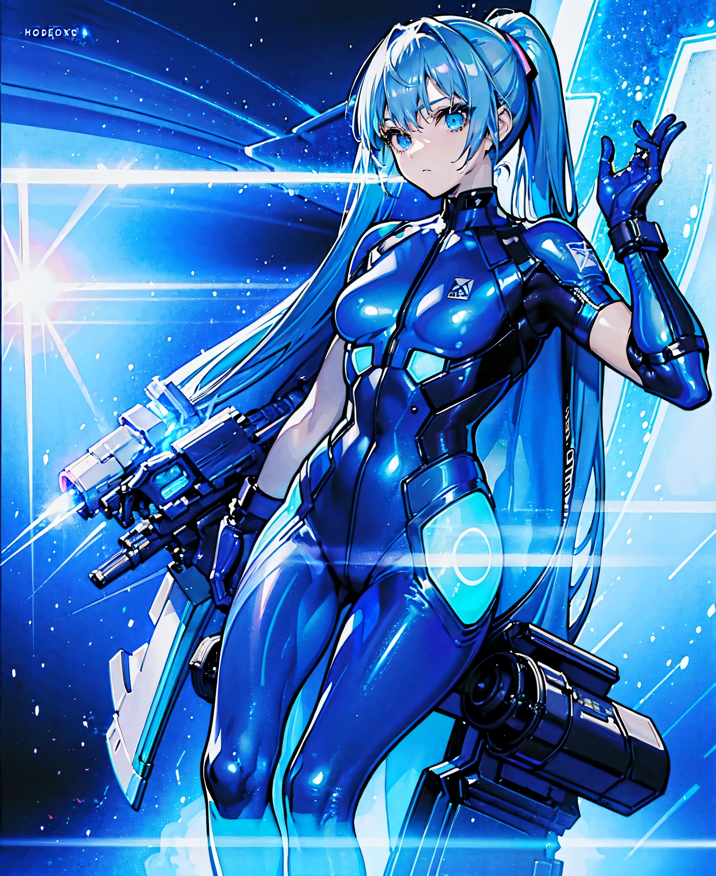 ((Holographic glow effect))、 blue hair 、Masterpiece、 Best Quality、1 person、Medium breast、(( album cover ))、 light on face、 slim body、 blue costume、Exoskeleton、Metal Gear、 cyberpunk style、 ponytails、Gundam Pilot、attention arousal，Ride a fighter jet 、 gloves up to the elbow 